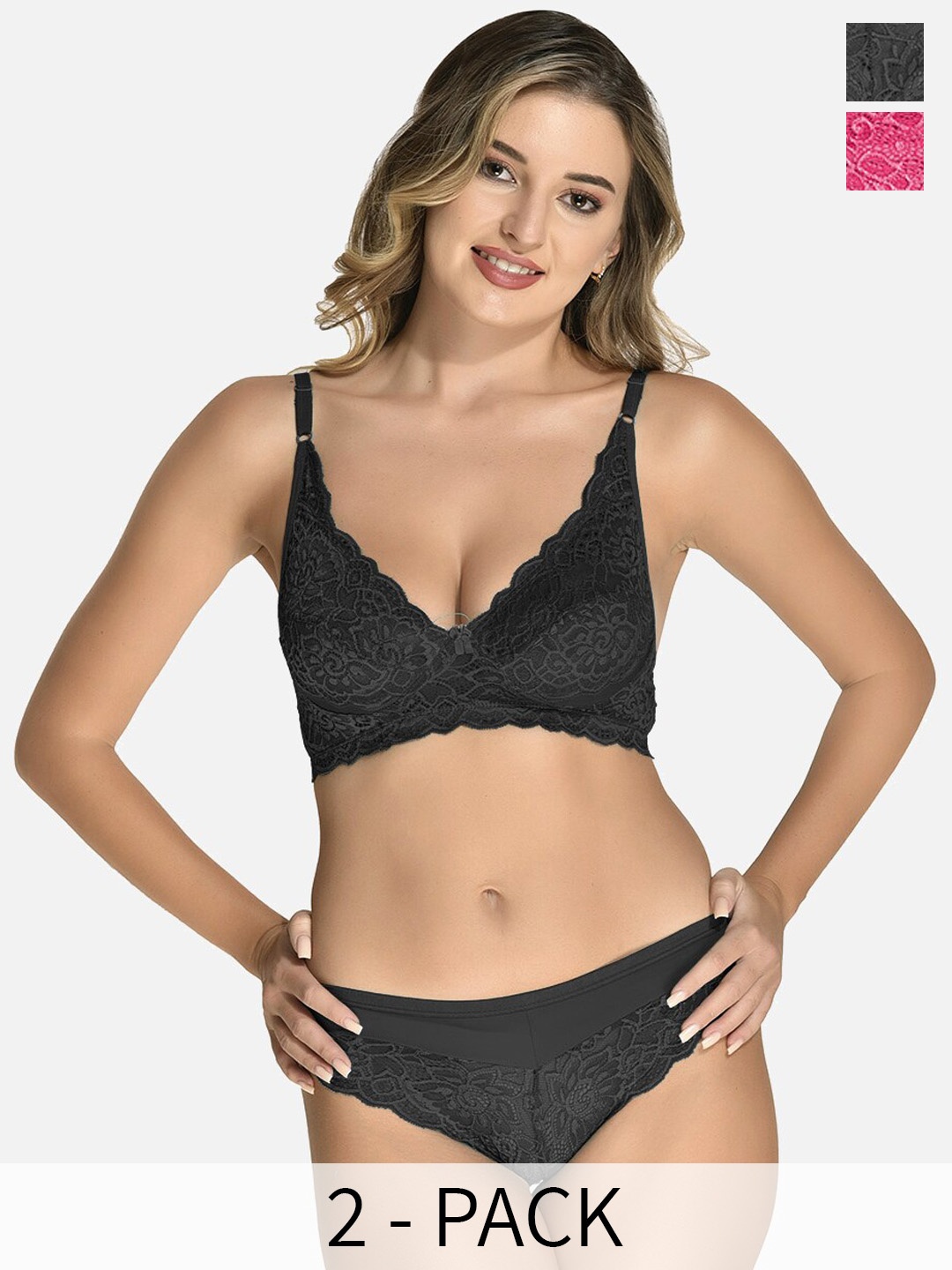 

StyFun Pack Of 2 Bra Panty Lace Lingerie Set, Black