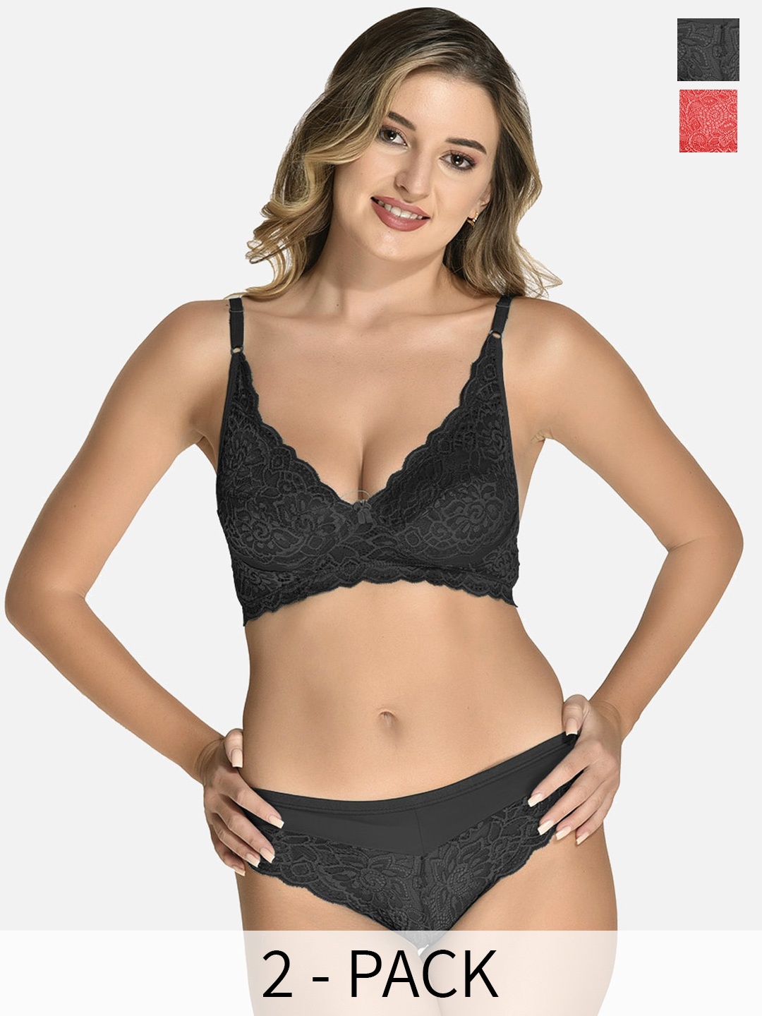 

StyFun Pack Of 2 Lace Self Design Non Padded Lingerie Set, Black