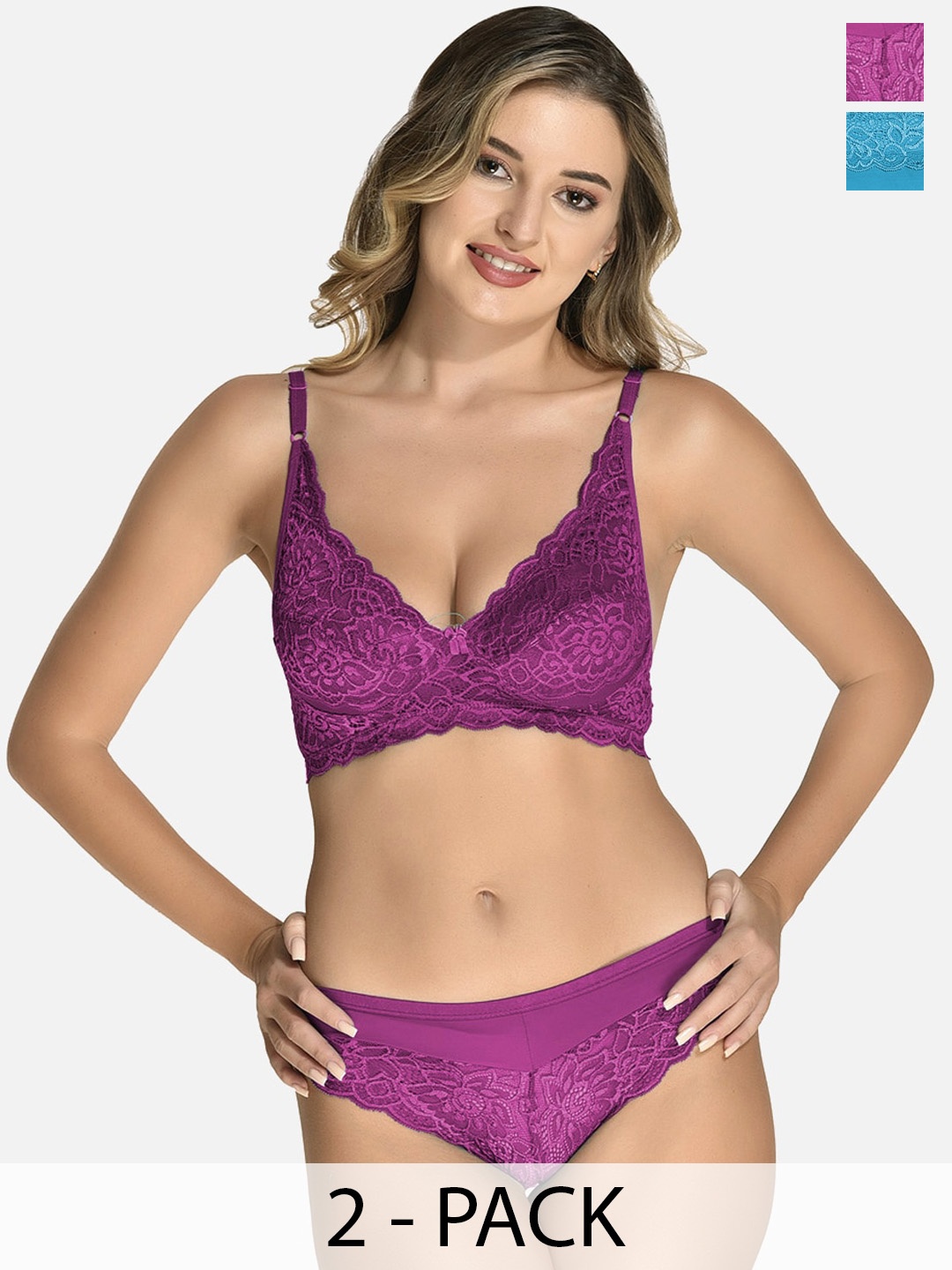 

StyFun Pack Of 2 Bra Panty Lace Lingerie Set VM_Set_Blumer_Purple_Cat_Blue_B