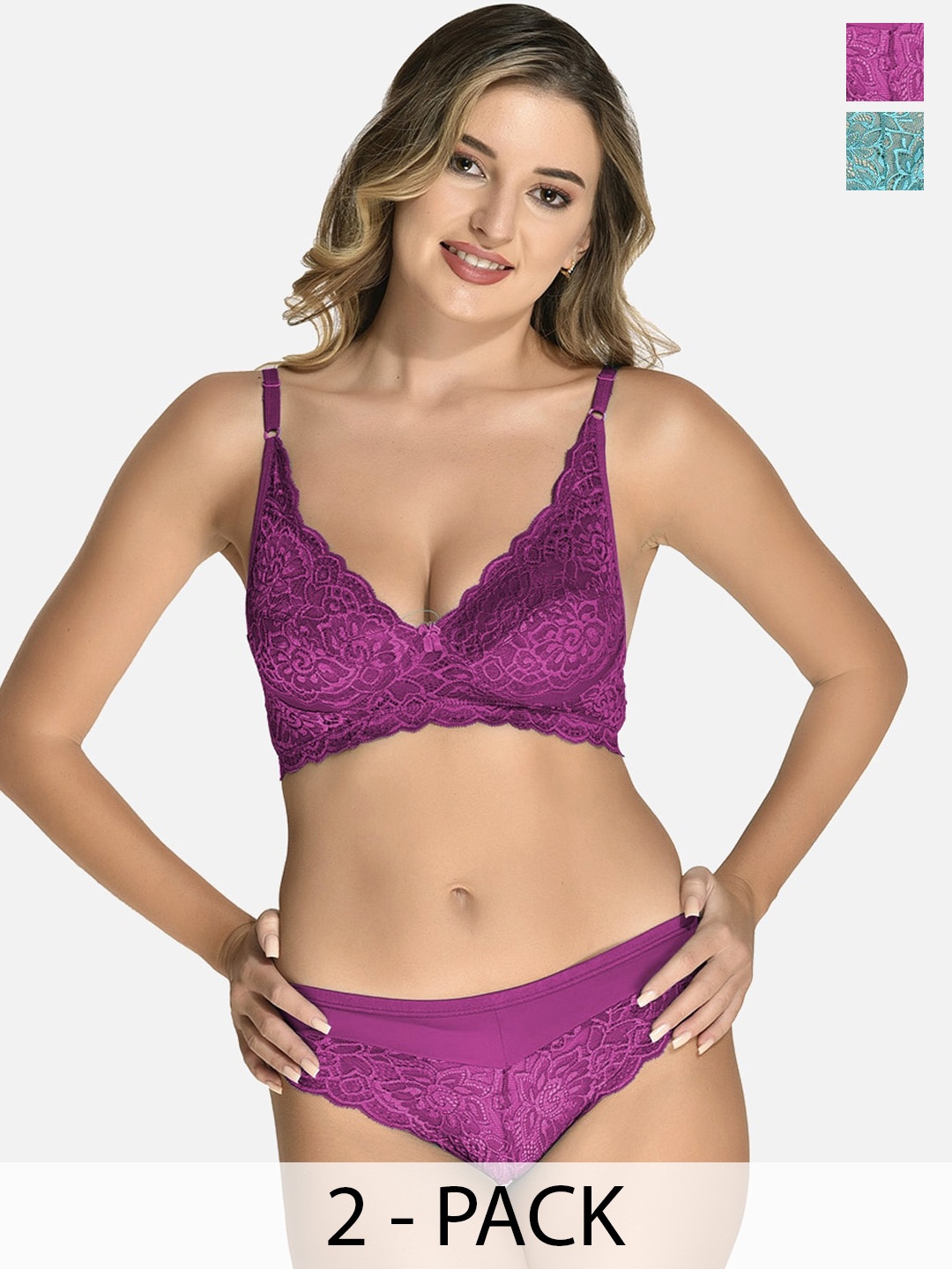 

StyFun Pack Of 2 Lace Self Designed Lingerie Set, Purple