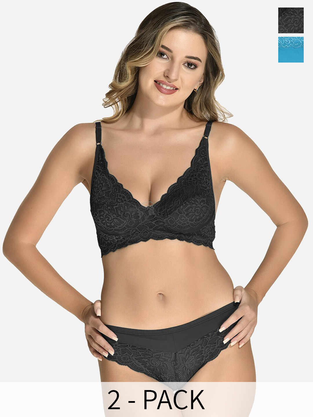 

StyFun Pack of 2 Non Padded Laced Lingerie Set, Black