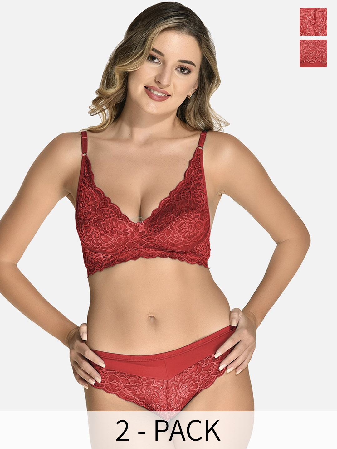 

StyFun Pack of 2 Floral Self-Design Lace Non Padded Lingerie Sets, Maroon