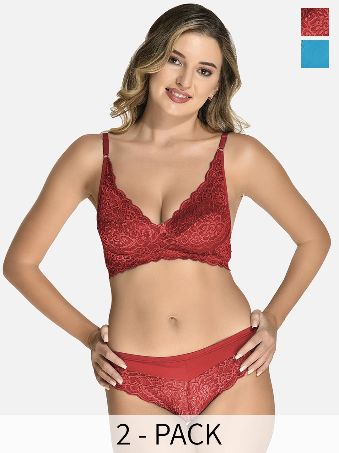 StyFun Pack Of 2 Bra Panty Lace Lingerie Set, Maroon