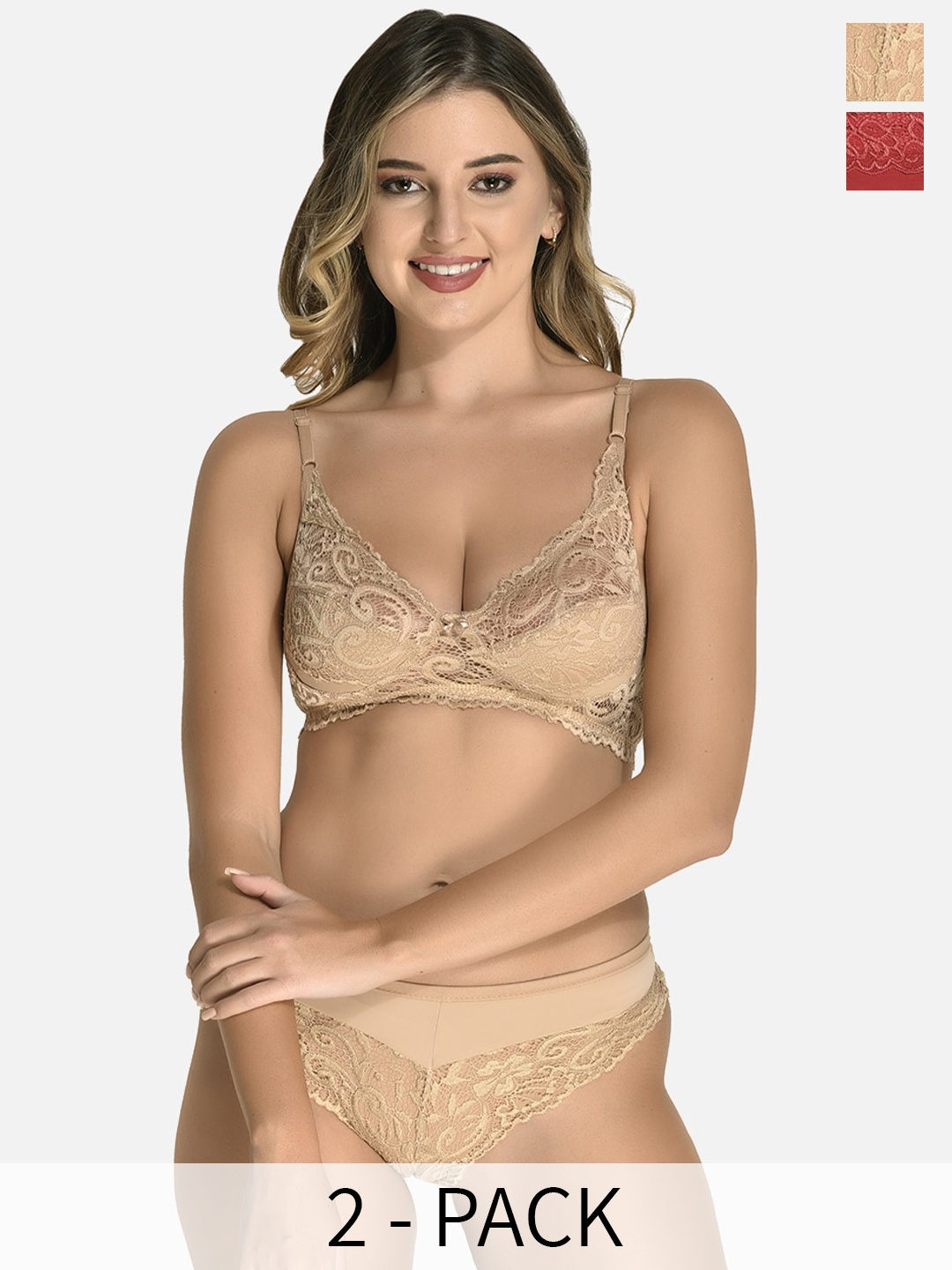 StyFun Pack Of 2 Lace Self Designed Lingerie Set, Beige