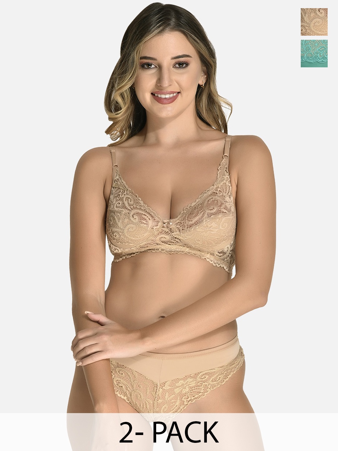 

StyFun Pack of 2 Non Padded Lingerie Set VM_Set_Blumer_Beige_Cat_Green_B
