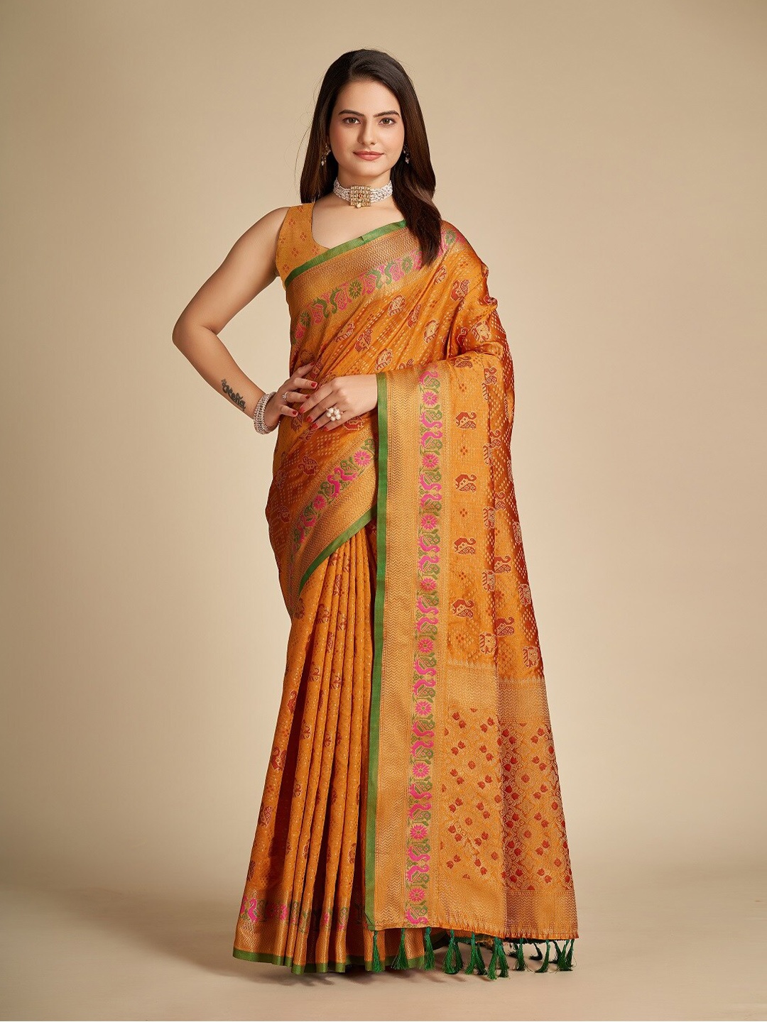 

Mitera Floral Woven Design Zari Patola Saree, Orange