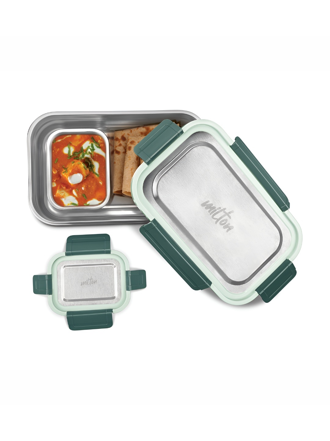 

Milton Home Meal Sr. Kids Set of 2 Stainless Steel Green Lunch Boxes (970ml 180ml)