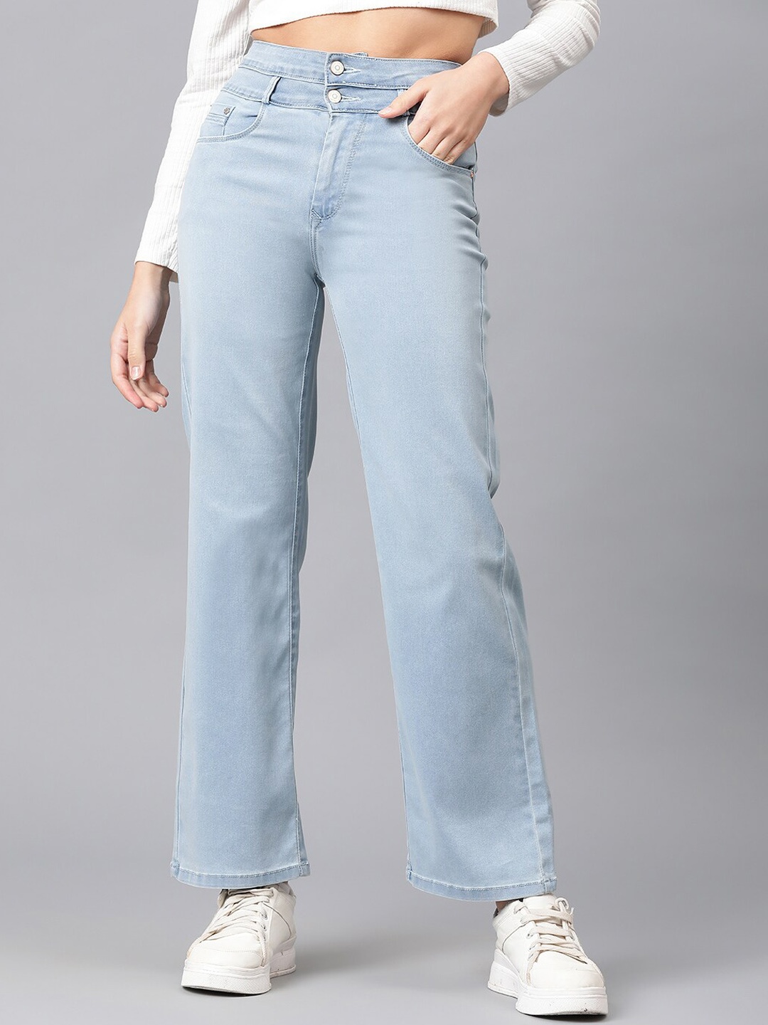 

Code 61 Women Wide Leg High-Rise Light Shade Clean Look Stretchable Jeans, Blue
