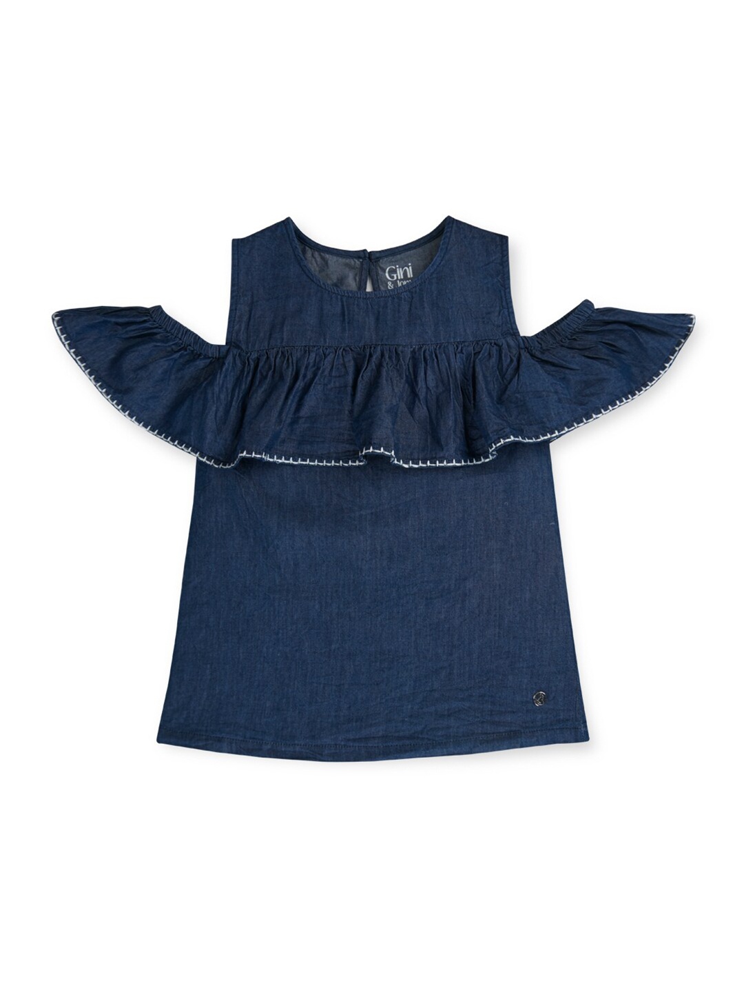 

Gini and Jony Girls Cold-Shoulder Sleeves Cotton Denim Top, Navy blue