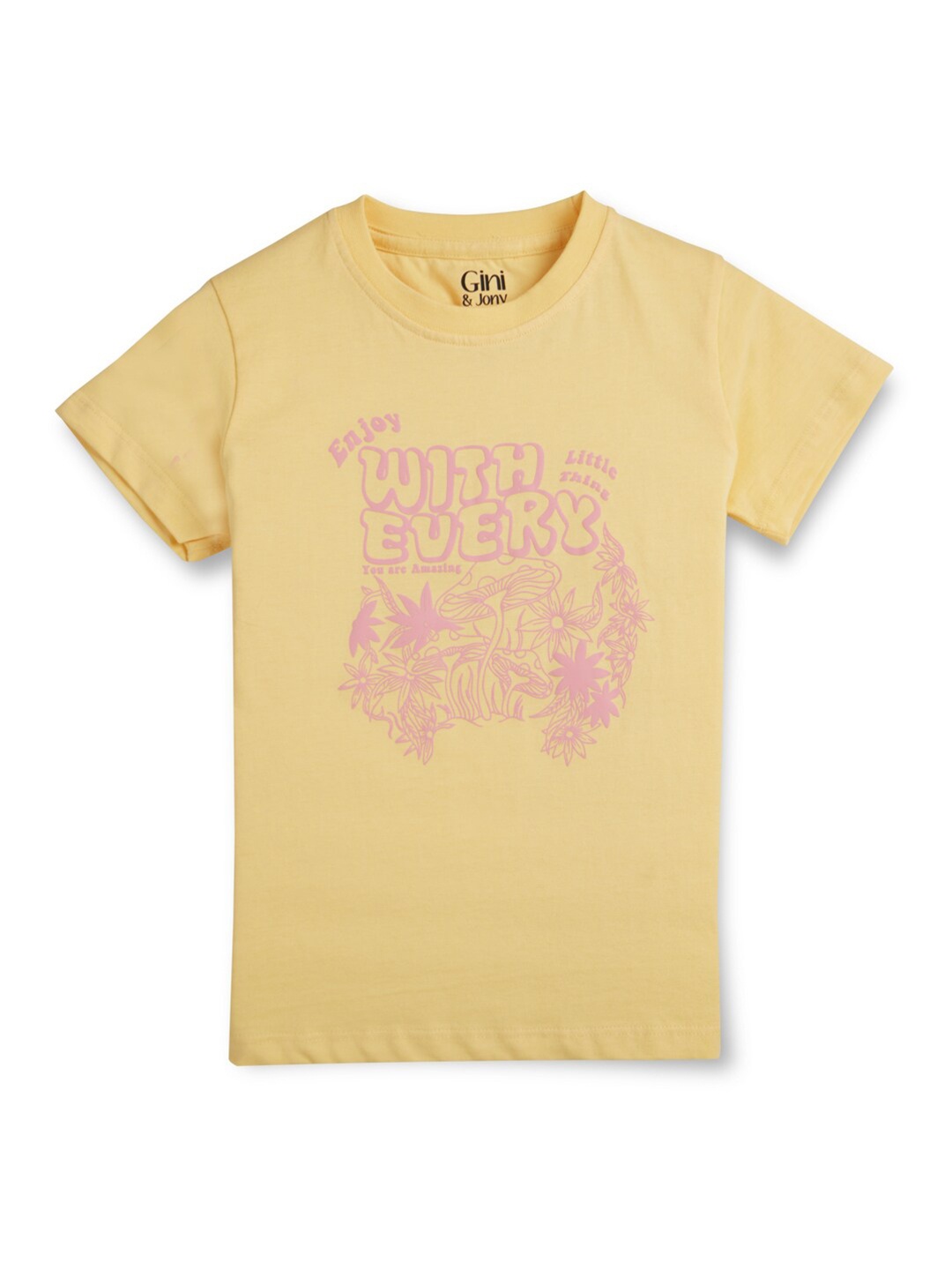 

Gini and Jony Girls Graphic Printed Round Neck Short Sleeves Cotton Top, Yellow