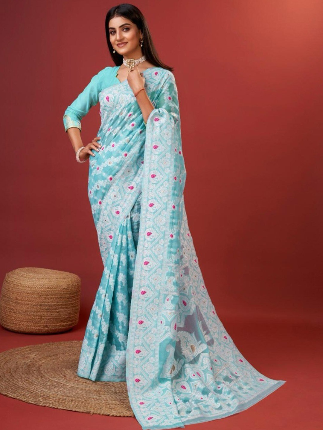 

ESOMIC EXPORT Floral Woven Design Silk Cotton Banarasi Saree, Blue