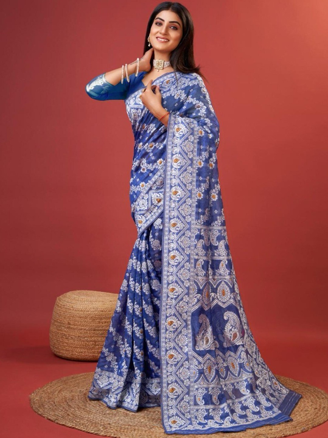 

ESOMIC EXPORT Floral Woven Design Silk Cotton Banarasi Saree, Blue