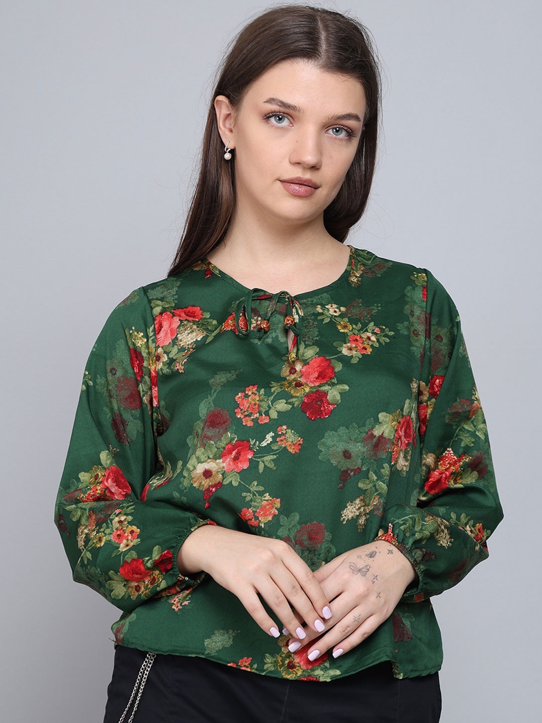 

Baawri Floral Print Tie-Up Neck Crepe Cuffed Sleeves Casual Top, Green