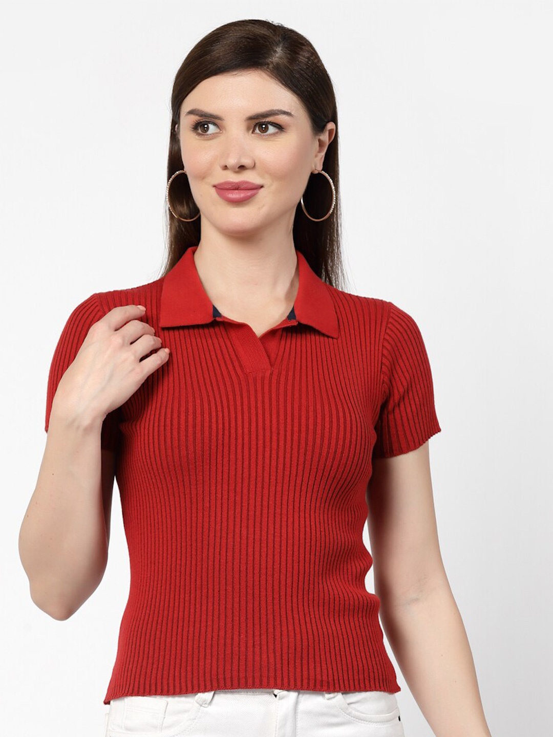 

Kalt Shirt Collar Short Sleeves Cotton Top, Red