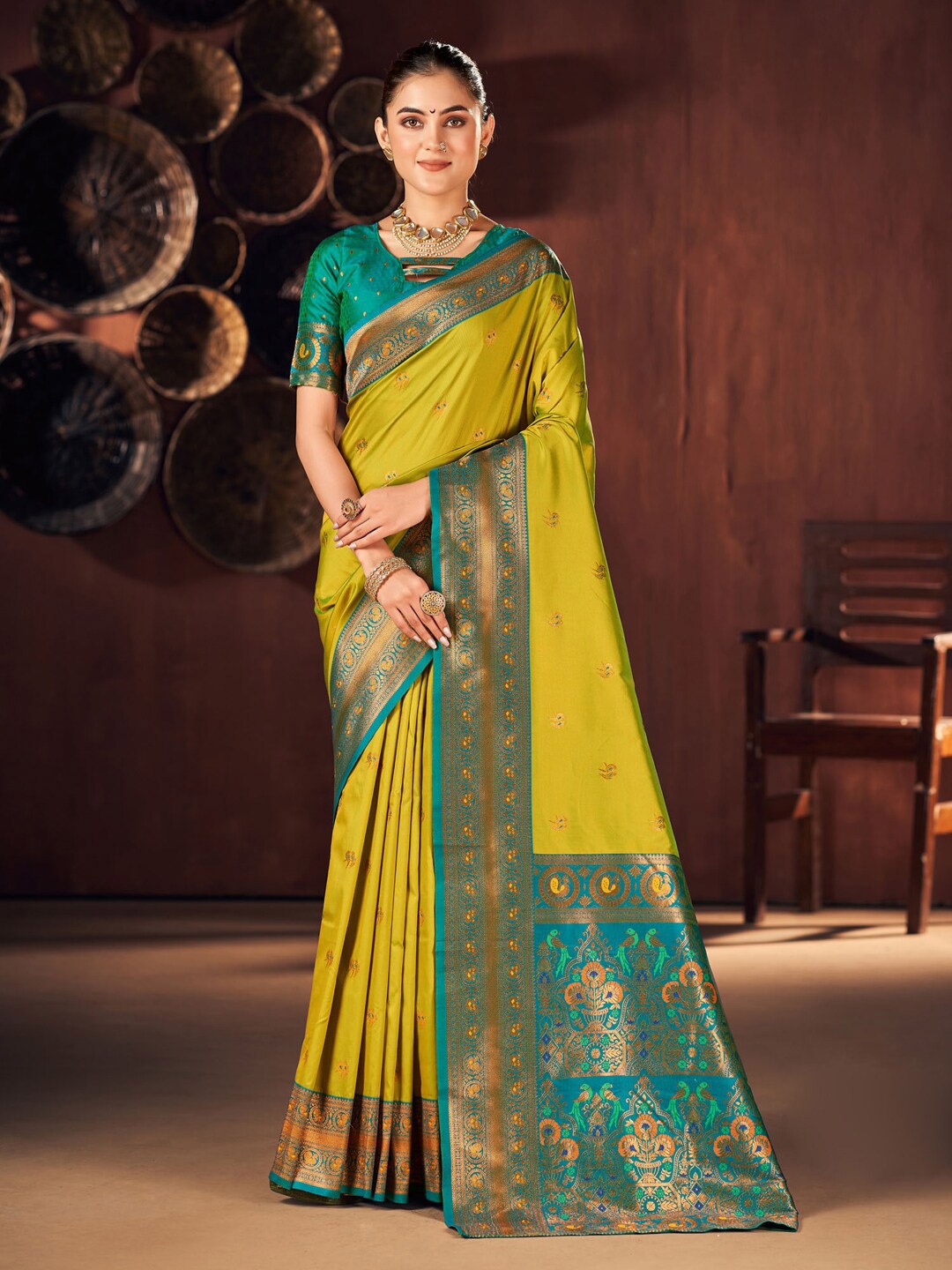 

Anouk Lime Green Ethnic Motifs Woven Design Zari Paithani Saree