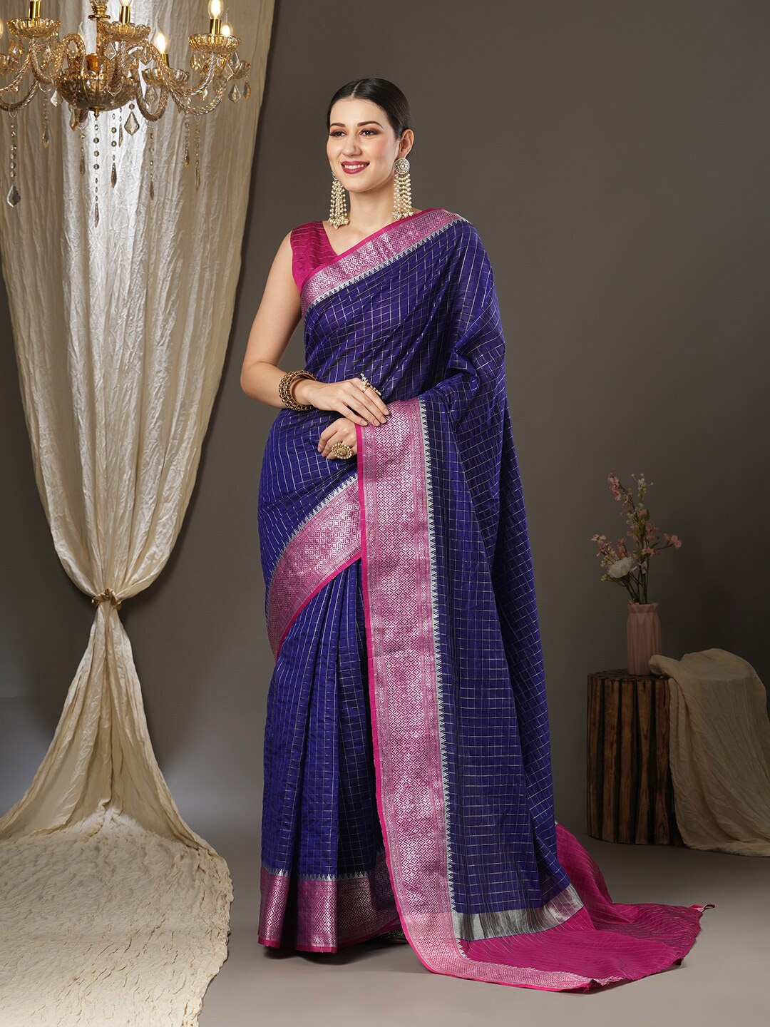 

Anouk Checked Woven Design Zari Taant Saree, Navy blue