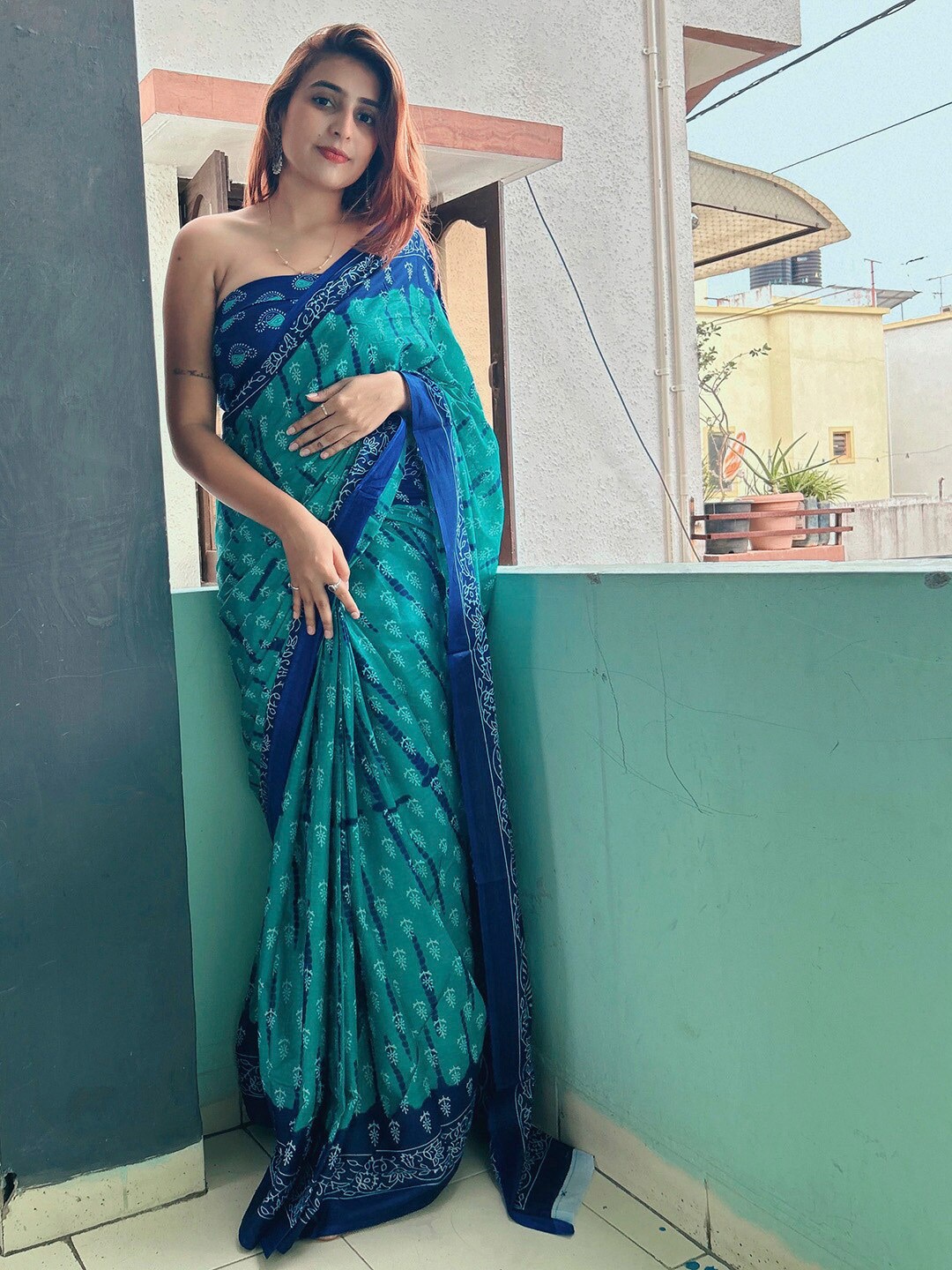 

Anouk Rustic Ethnic Motifs Printed Pure Cotton Saree, Blue