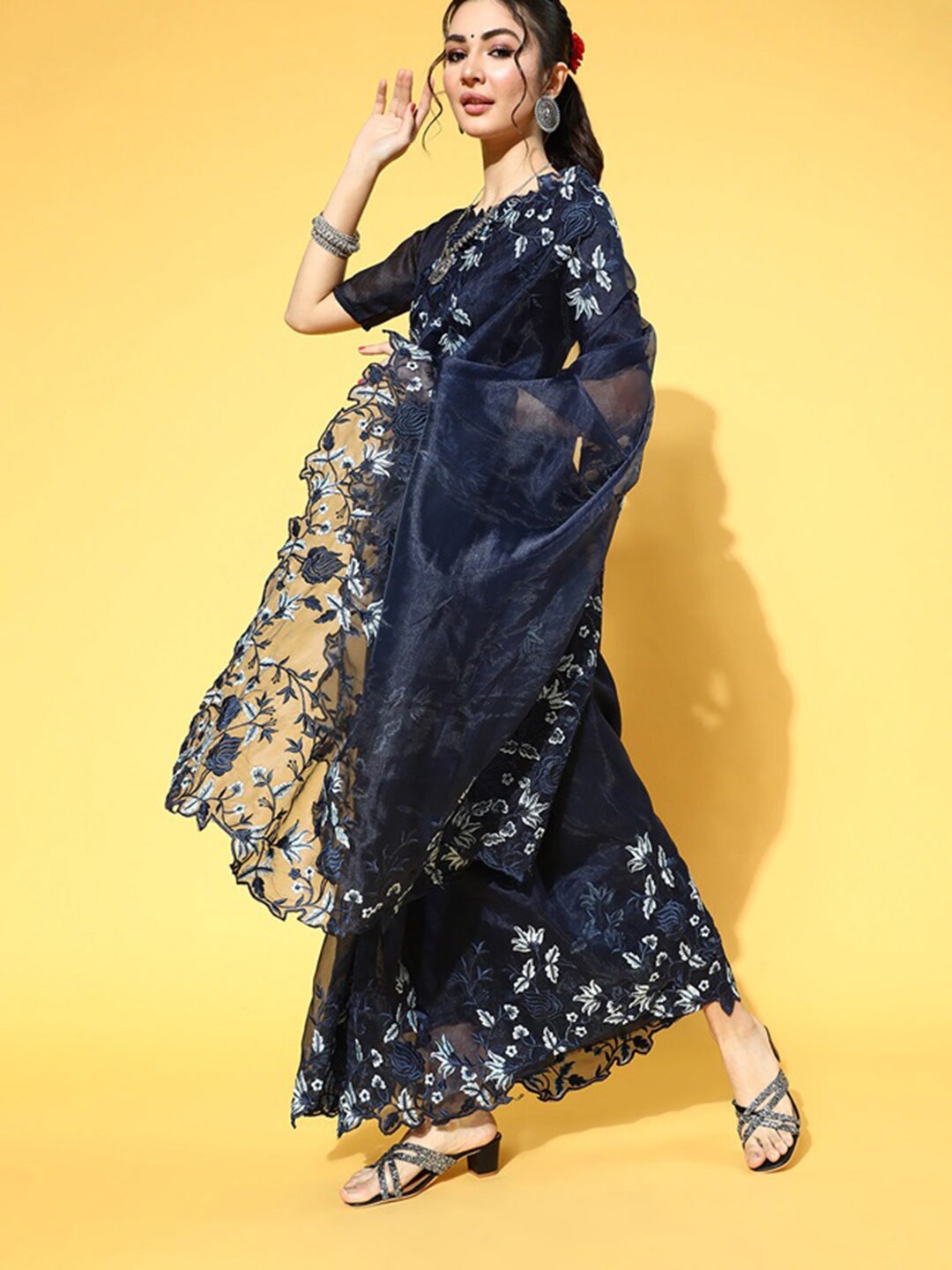 

Anouk Navy Blue Embellished Embroidered Organza Saree