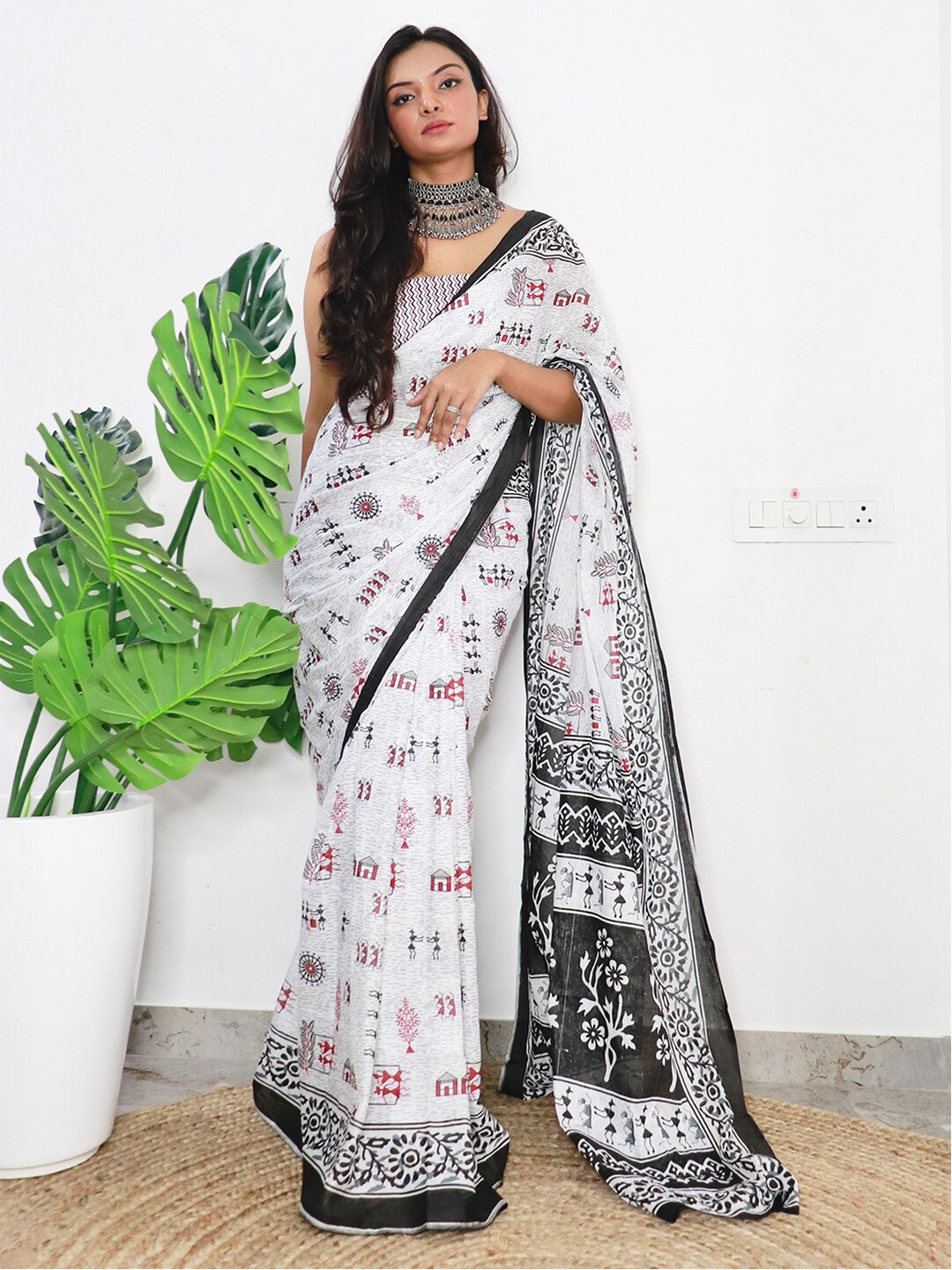 

Anouk Rustic Warli Pure Cotton Bagh Saree, White