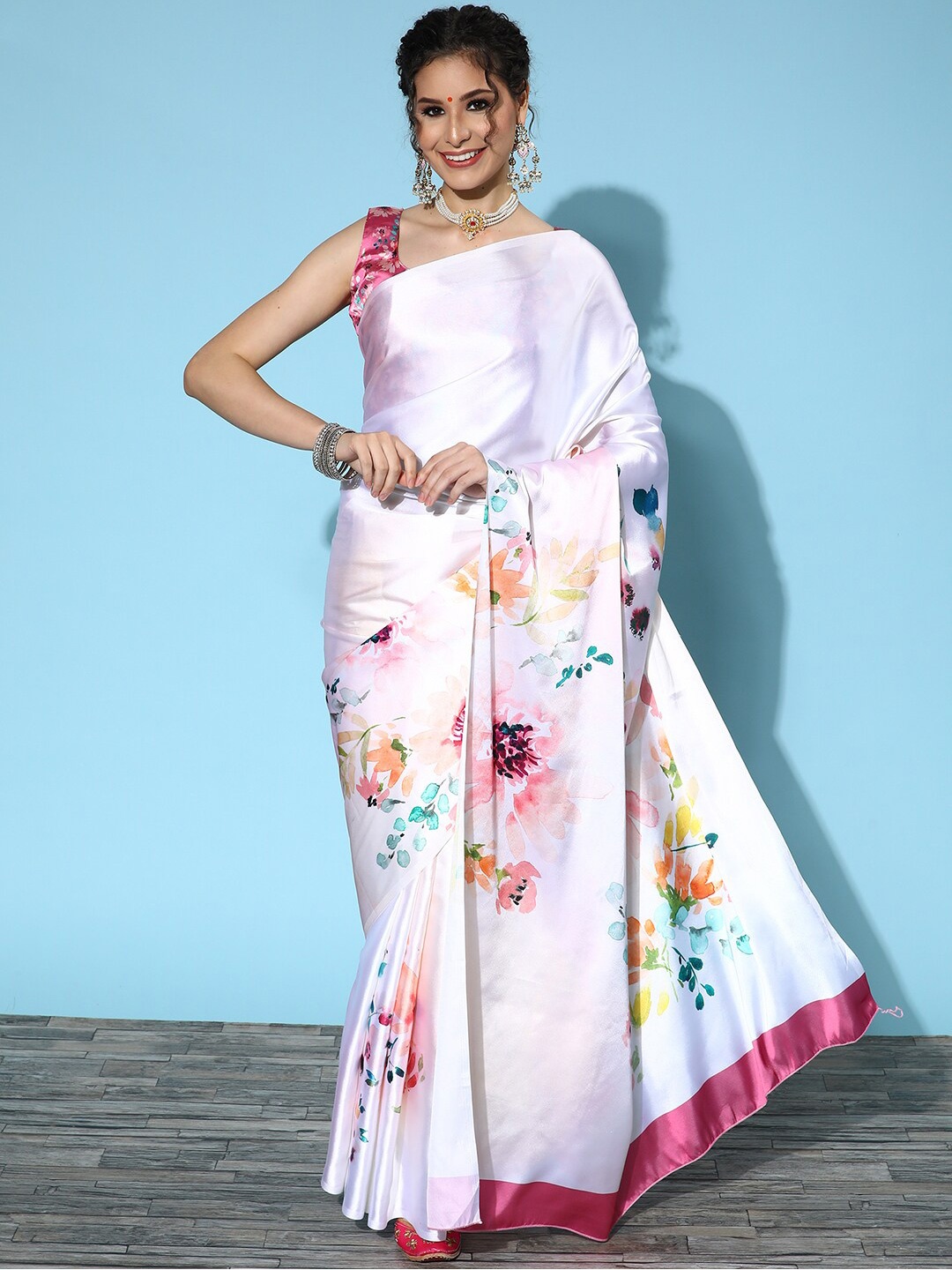 

Anouk Floral Pure Crepe Saree, Pink