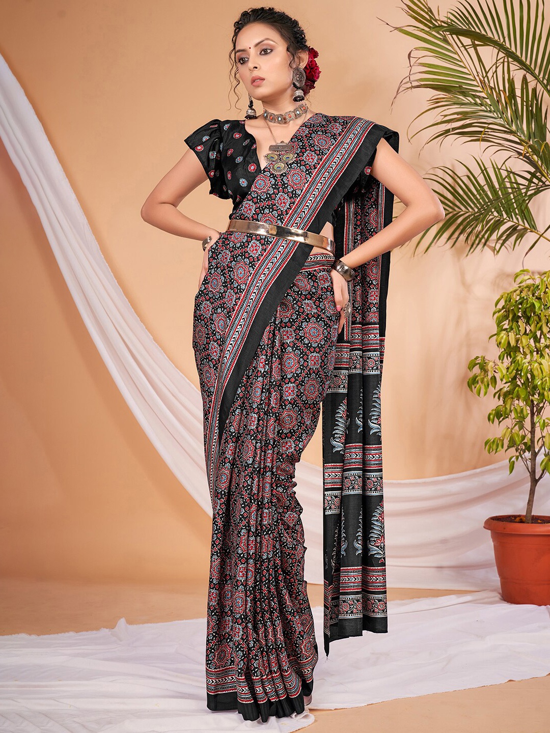 

Anouk Rustic Ajrak Block Print Saree, Black