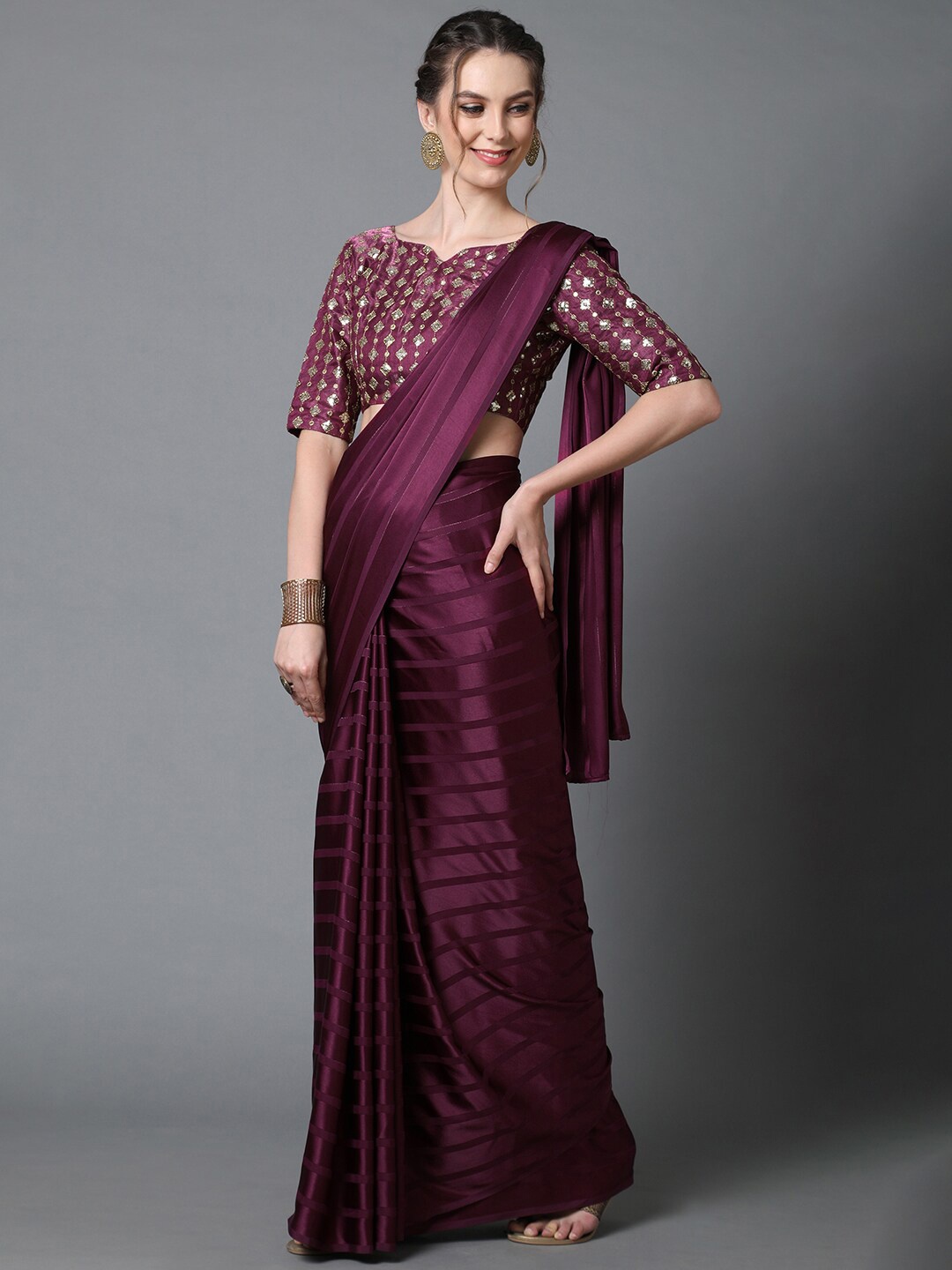 

Anouk Purple Striped Sequinned Satin Saree