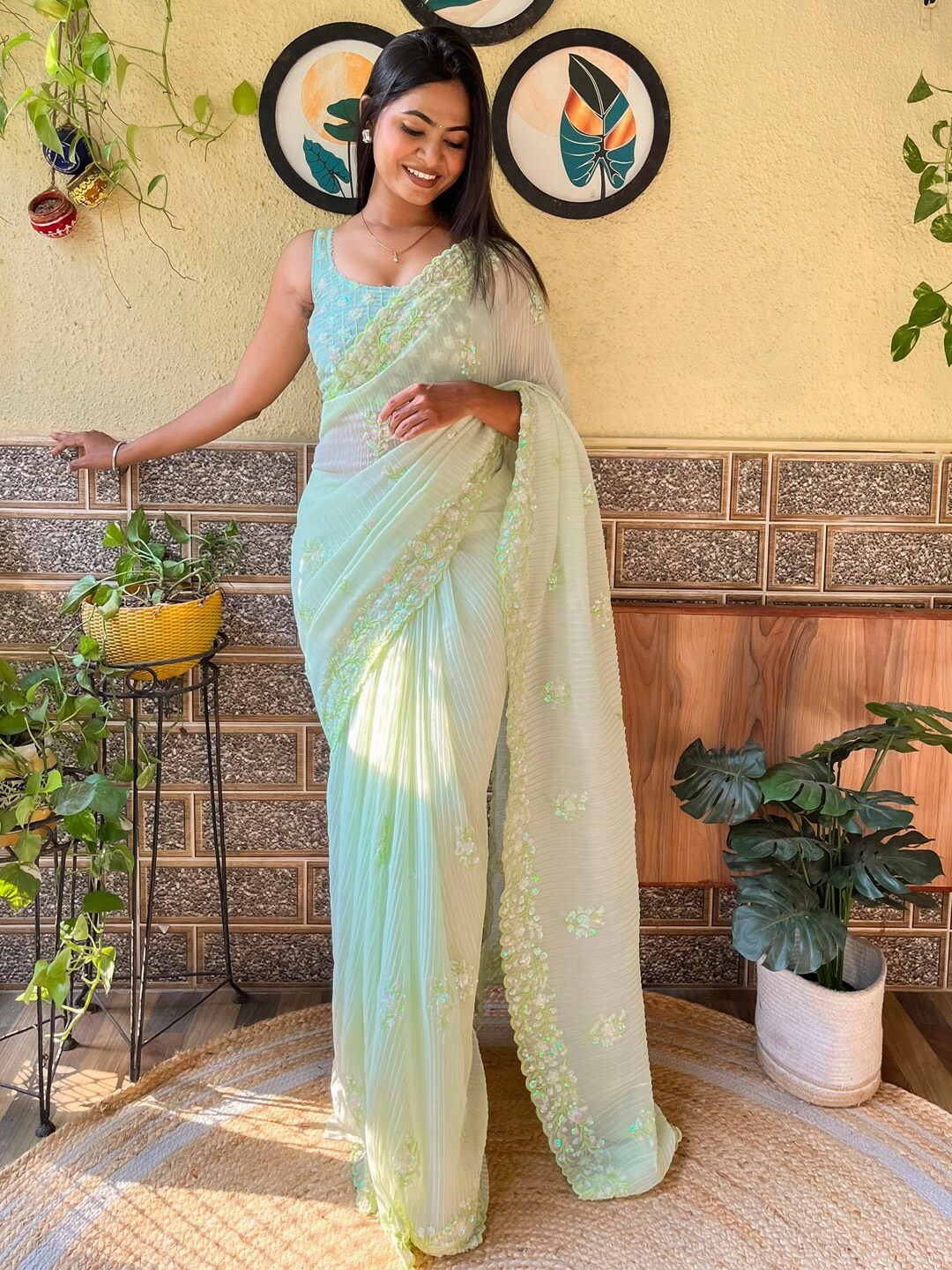

Anouk Embellished Sequinned Pure Georgette Designer Saree, Green