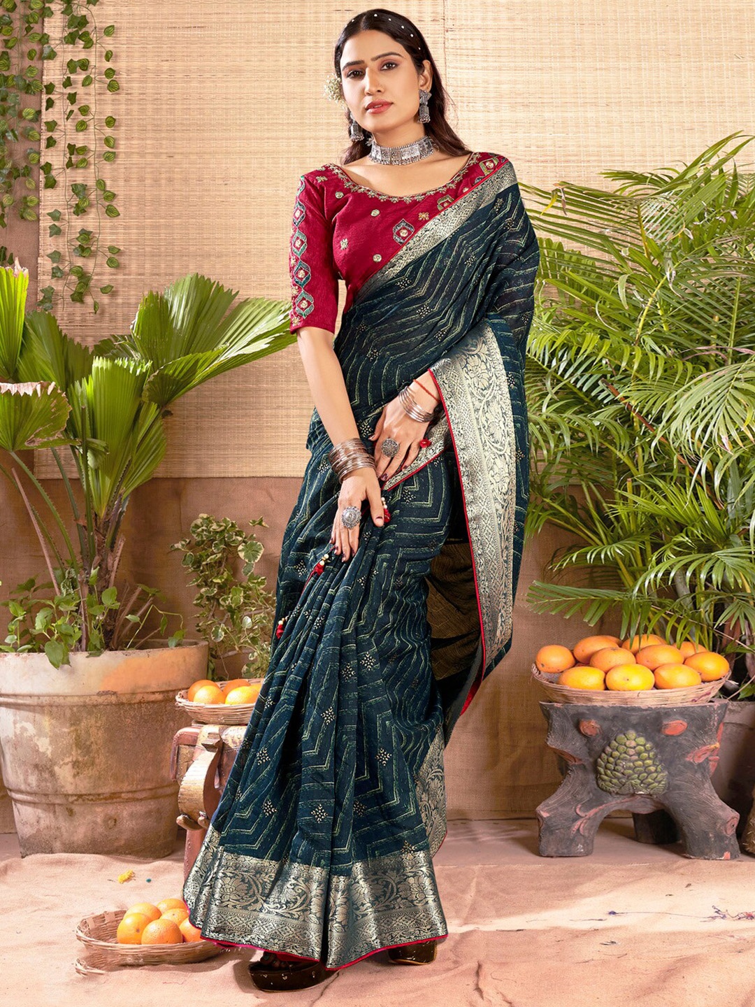 

Anouk Geometric Printed Zari Saree, Teal