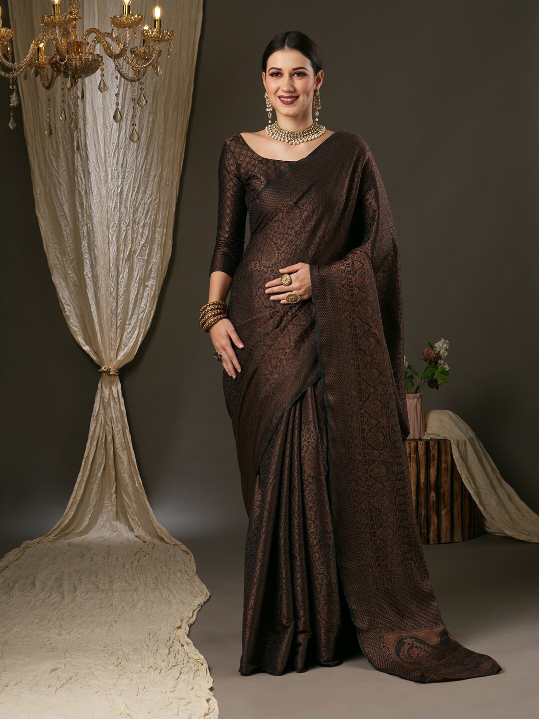 

Anouk Rustic Ethnic Motifs Woven Design Zari Banarasi Saree, Black