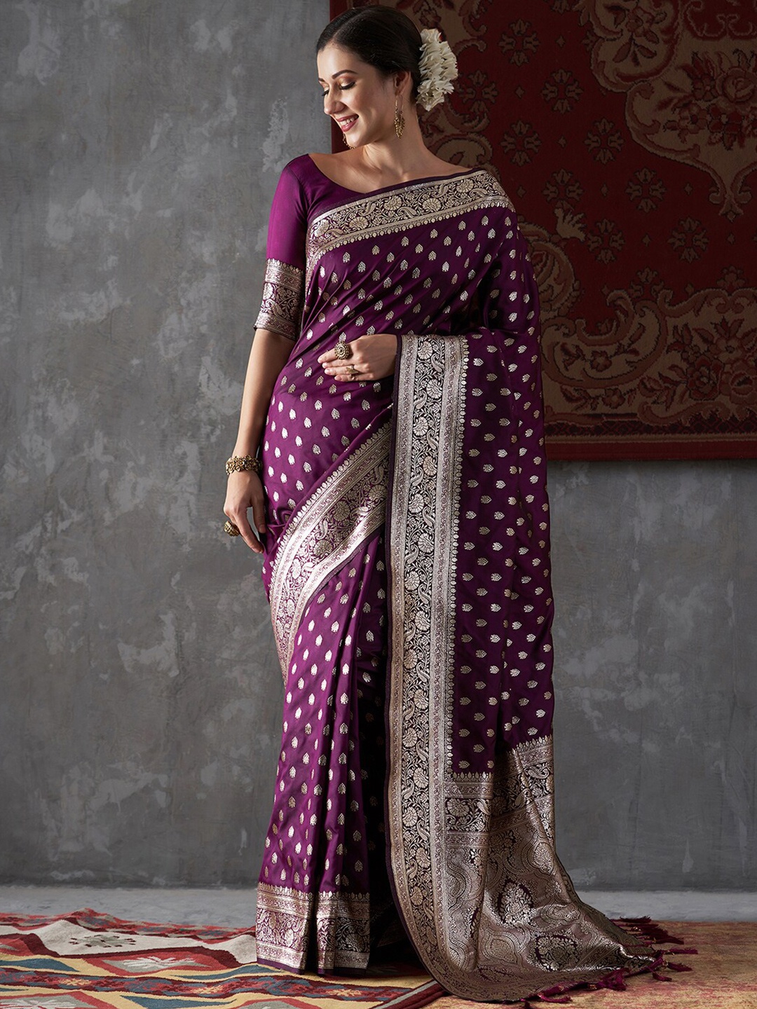 

Anouk Ethnic Motifs Woven Design Zari Kanjeevaram Saree, Purple