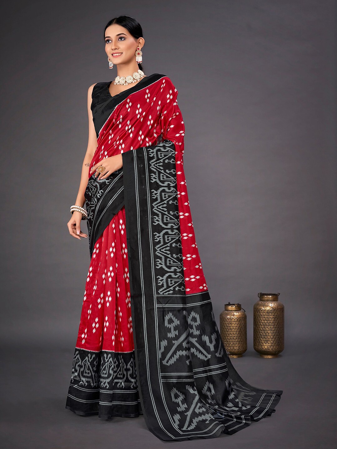 

Anouk Red Floral Printed Art Silk Ikat Saree