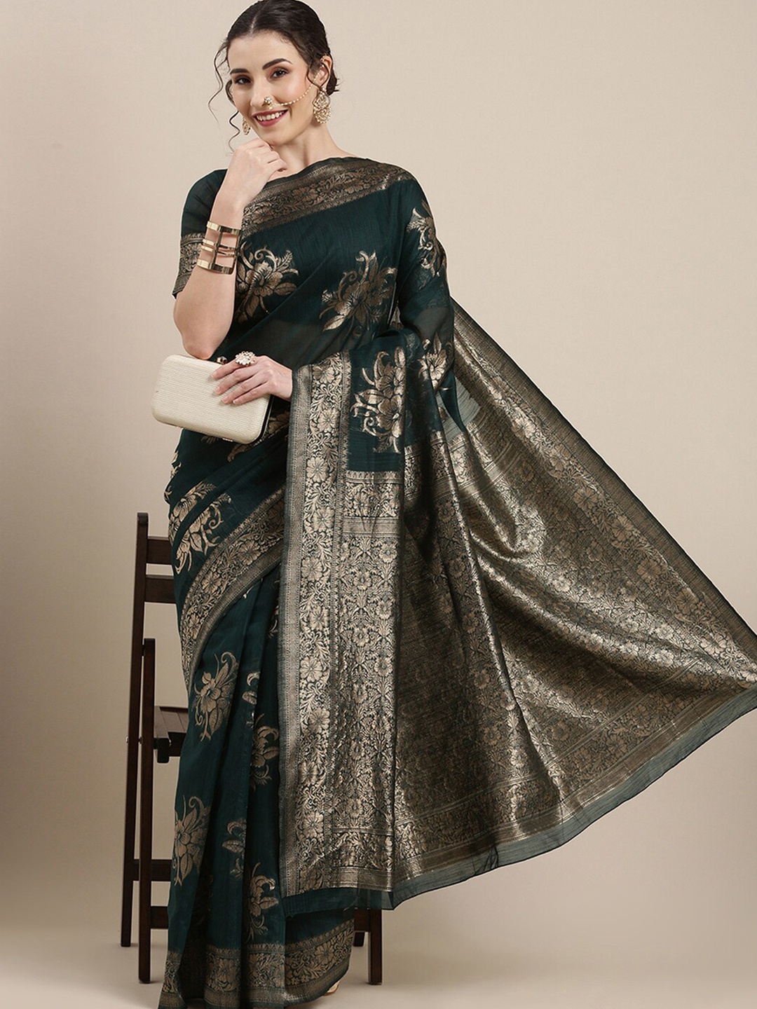 

Anouk Floral Woven Design Pure Linen Zari Banarasi Saree, Teal