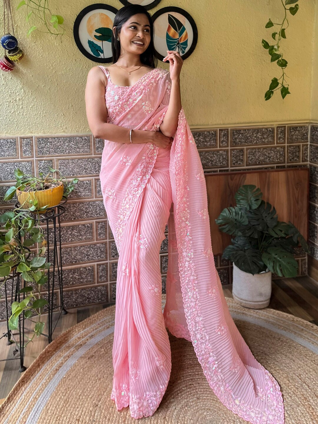 

Anouk Ethnic Motifs Embellished Sequinned Pure Georgette Saree, Pink