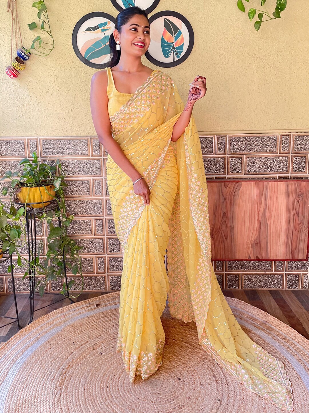 

Anouk Embellished Sequinned Pure Georgette Saree, Yellow