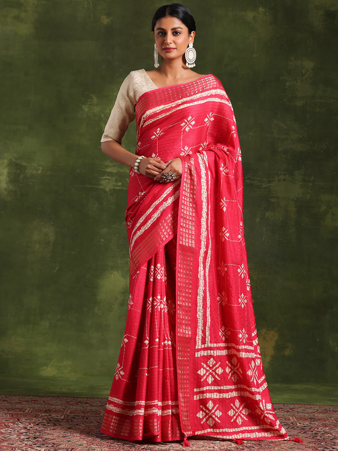 

Libas Floral Printed Woven Design Zari Saree, Pink