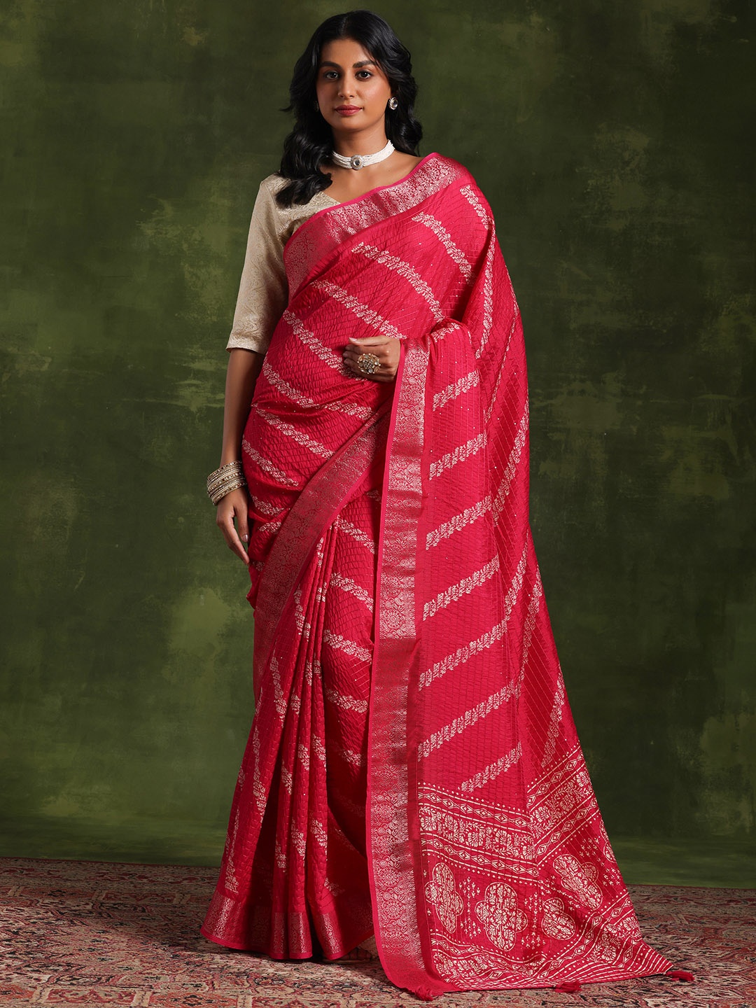 

Libas Floral Printed Zari Saree, Pink