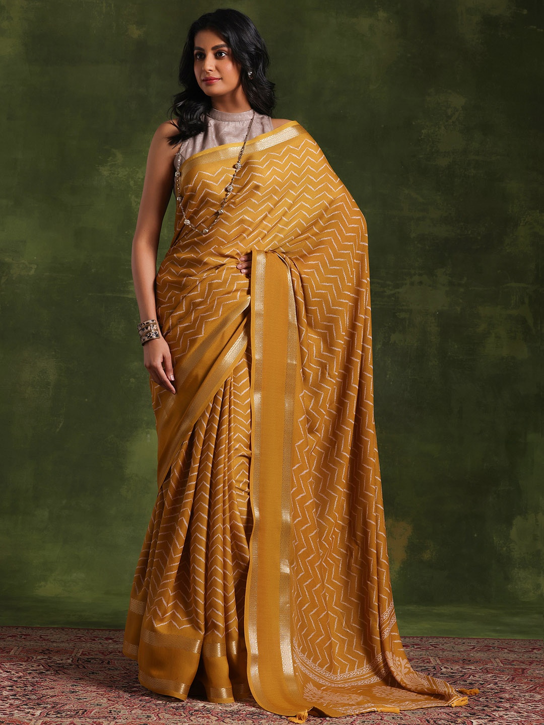 

Libas Leheriya Printed Woven Design Zari Saree, Mustard