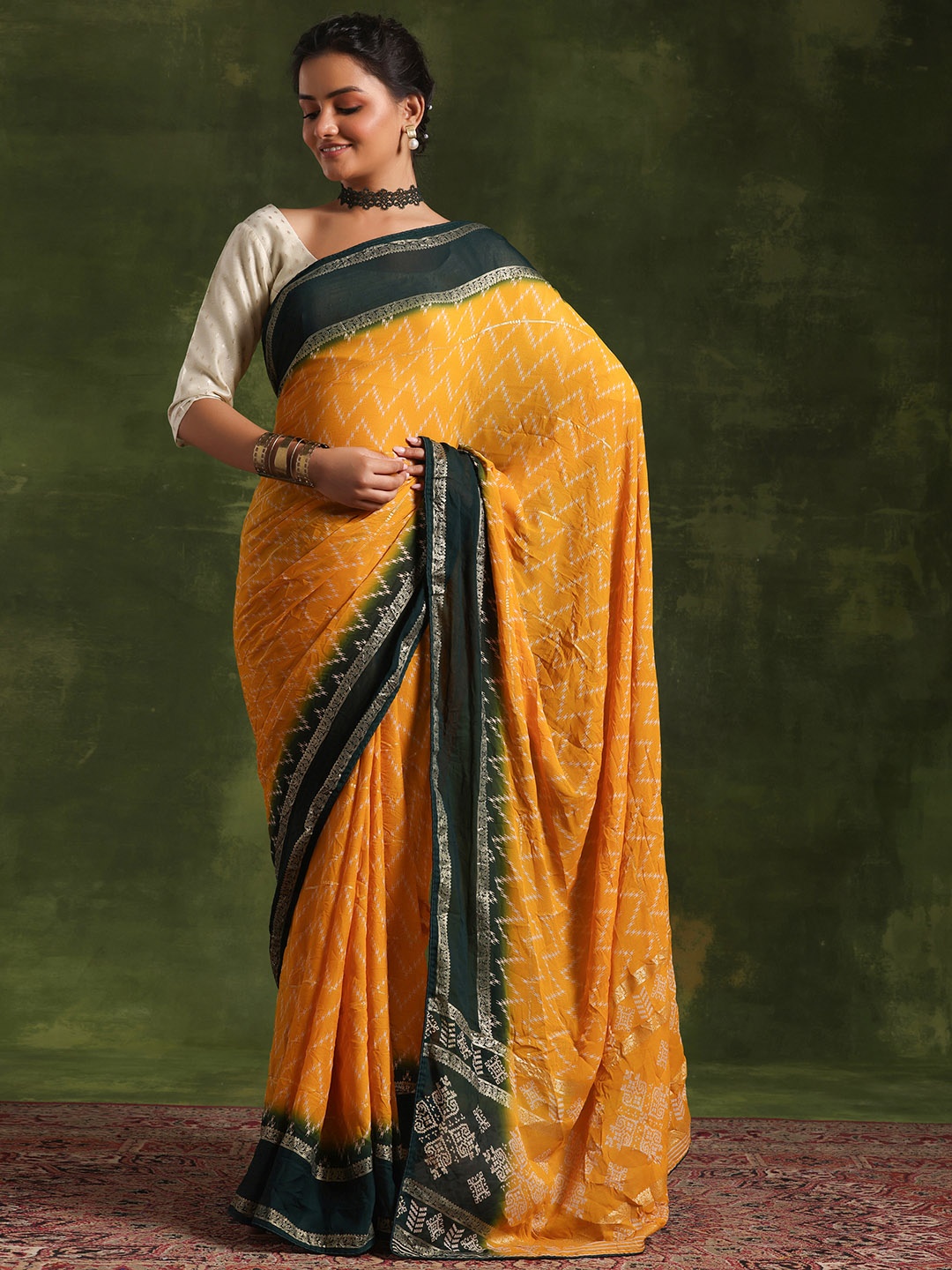 

Libas Geometric Printed Zari Saree, Mustard