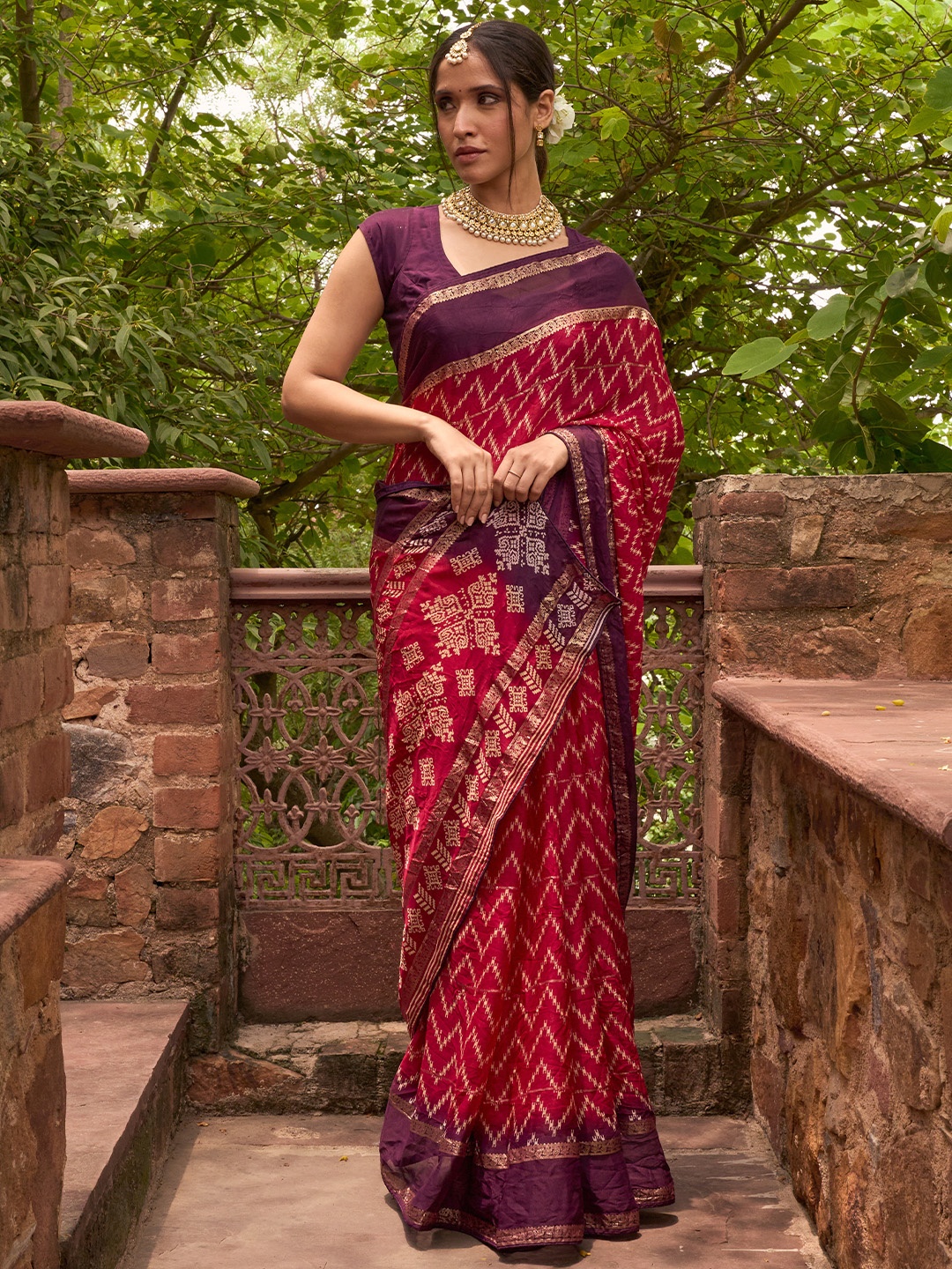

Libas Geometric Printed Leheriya Zari Saree, Pink