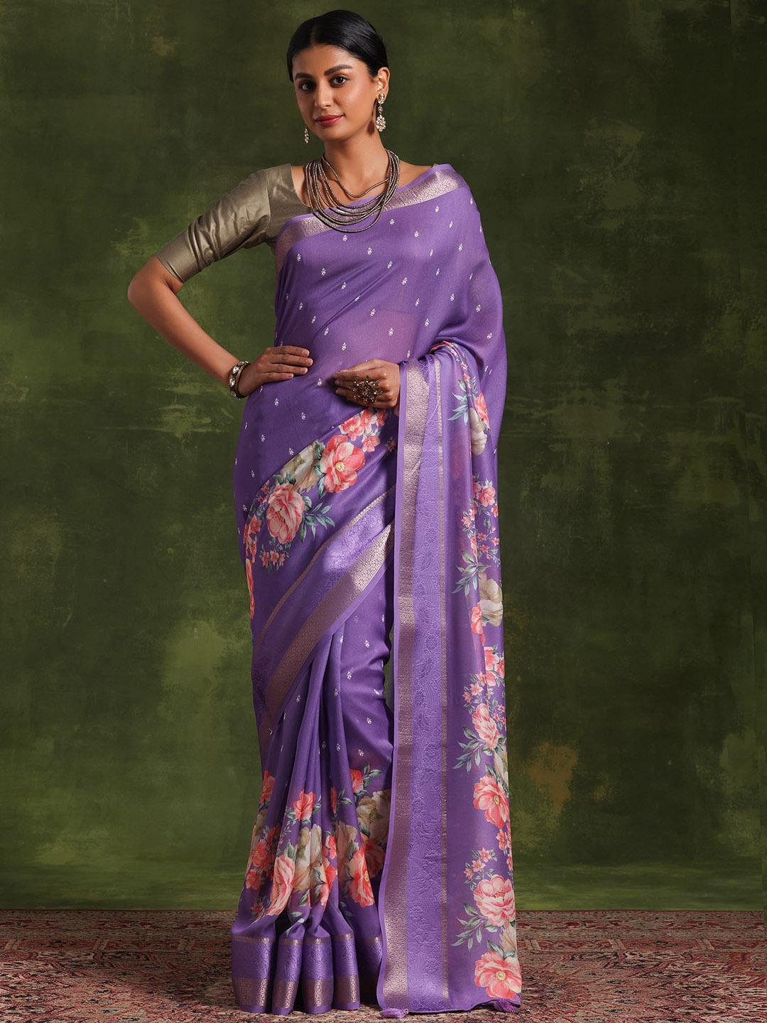 

Libas Floral Printed Woven Design Zari Saree, Purple