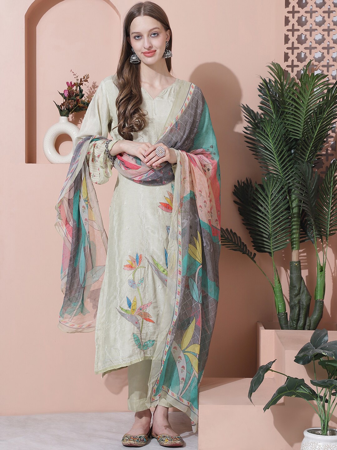 

Stylee LIFESTYLE Floral Printed Pure Silk Unstitched Dress Material, Green