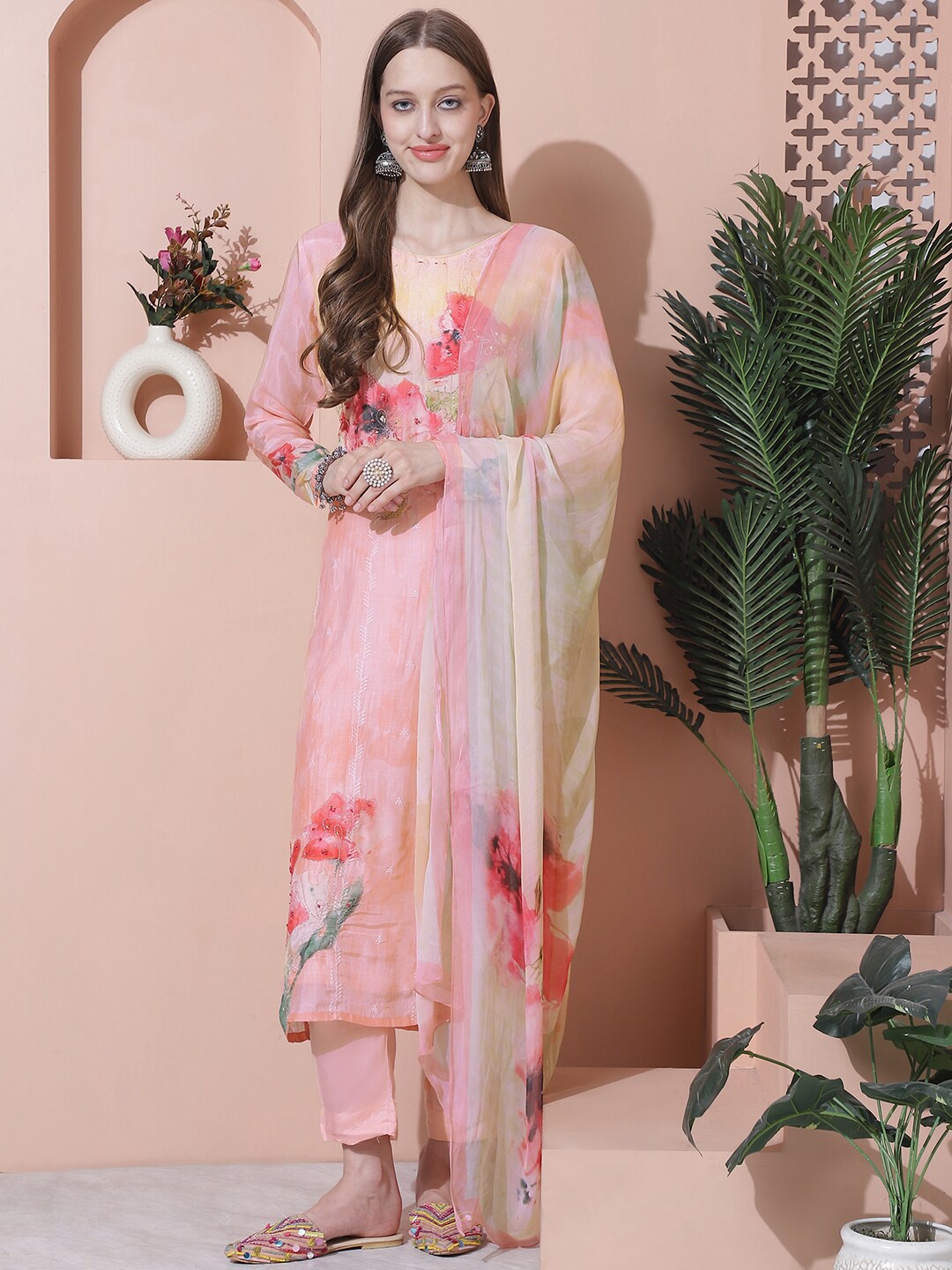 

Stylee LIFESTYLE Floral Printed Pure Silk Unstitched Dress Material, Peach