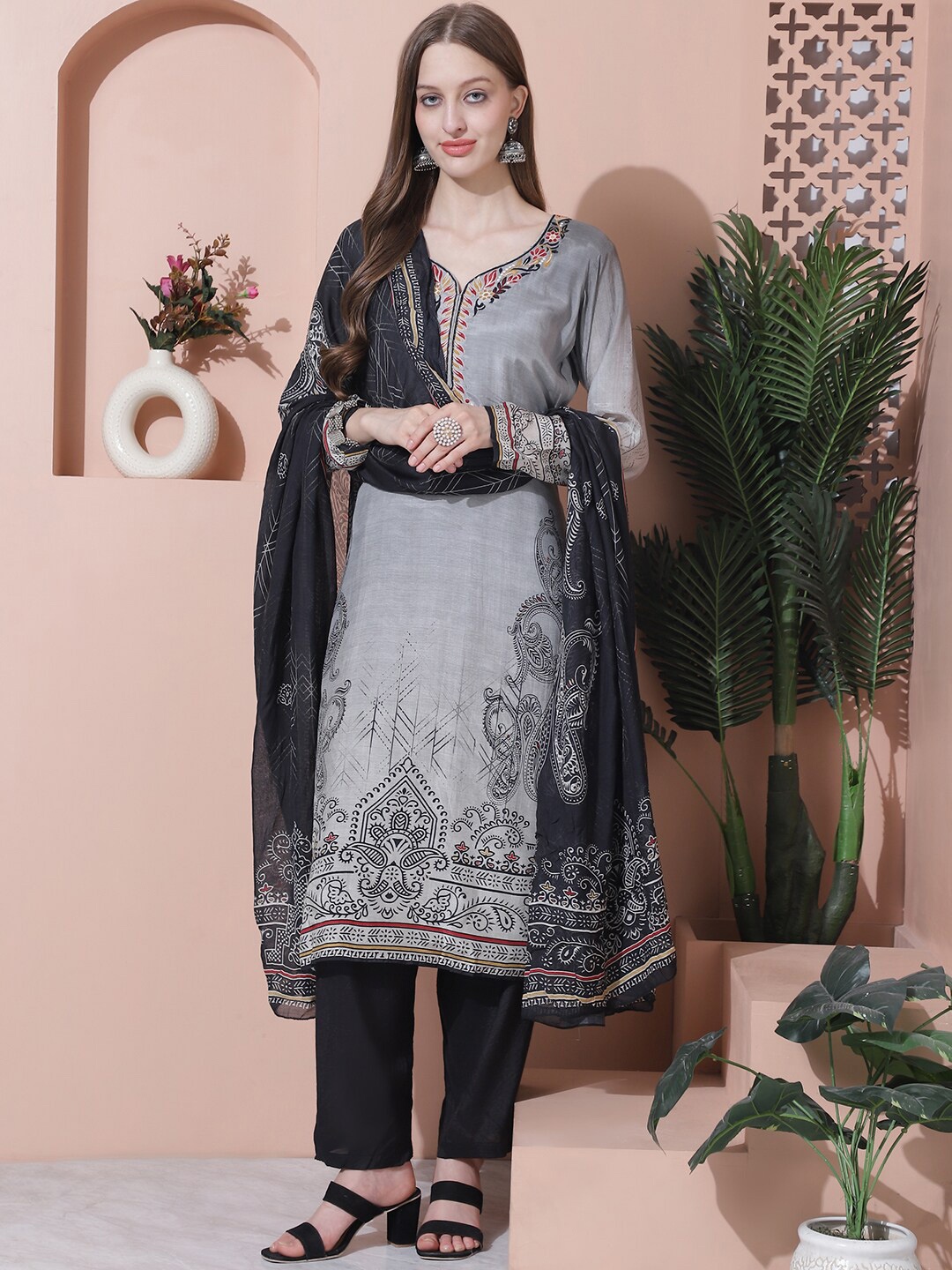 

Stylee LIFESTYLE Embroidered Pure Silk Unstitched Dress Material, Grey