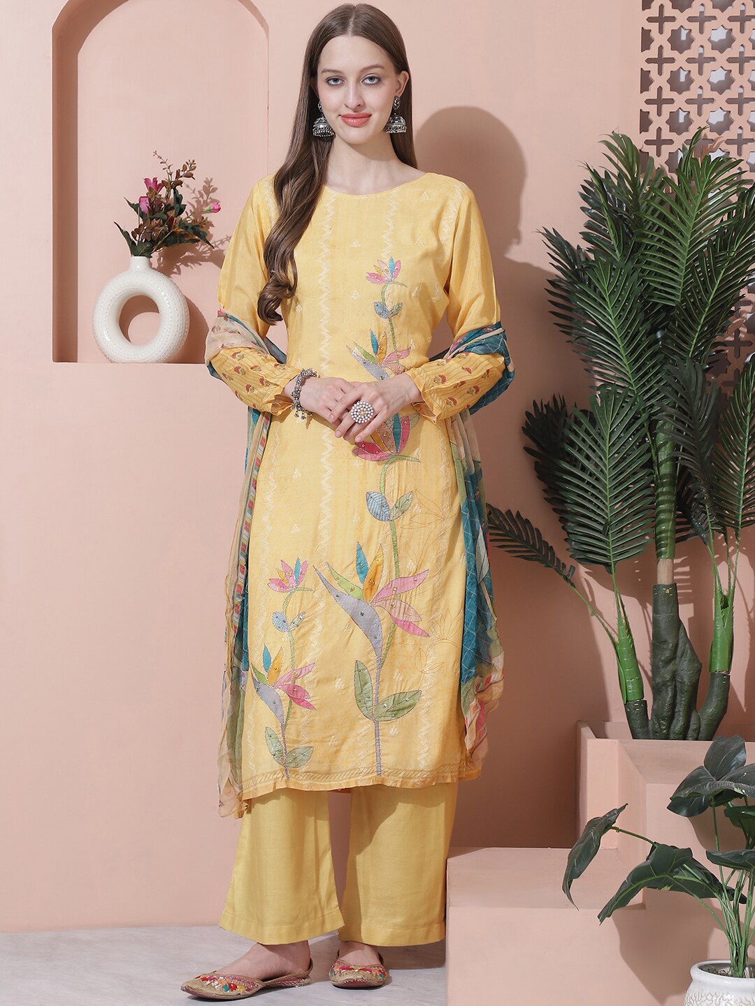 

Stylee LIFESTYLE Floral Printed Pure Silk Unstitched Dress Material, Yellow