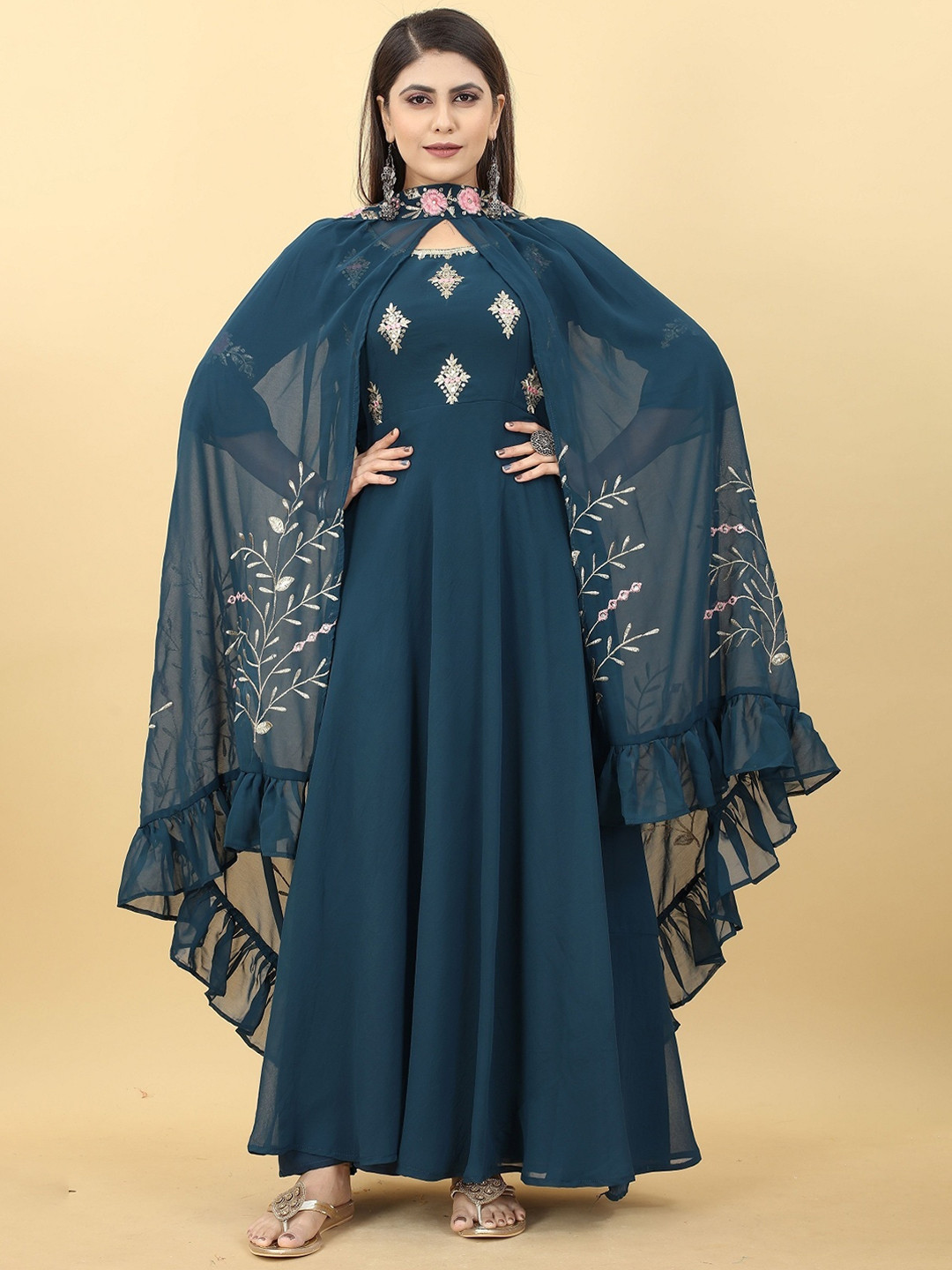 

Fashionuma Ethnic Motifs Embroidered Georgette Fit & Flare Maxi Dress With Cape, Teal