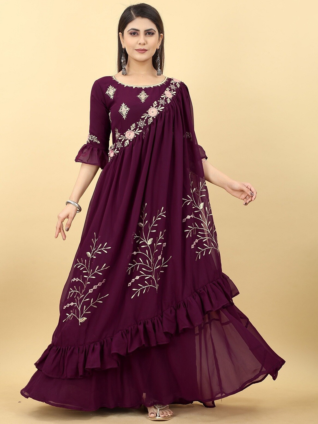 

Fashionuma Ethnic Motifs Embroidered Georgette Fit & Flare Maxi Dress With Cape, Maroon