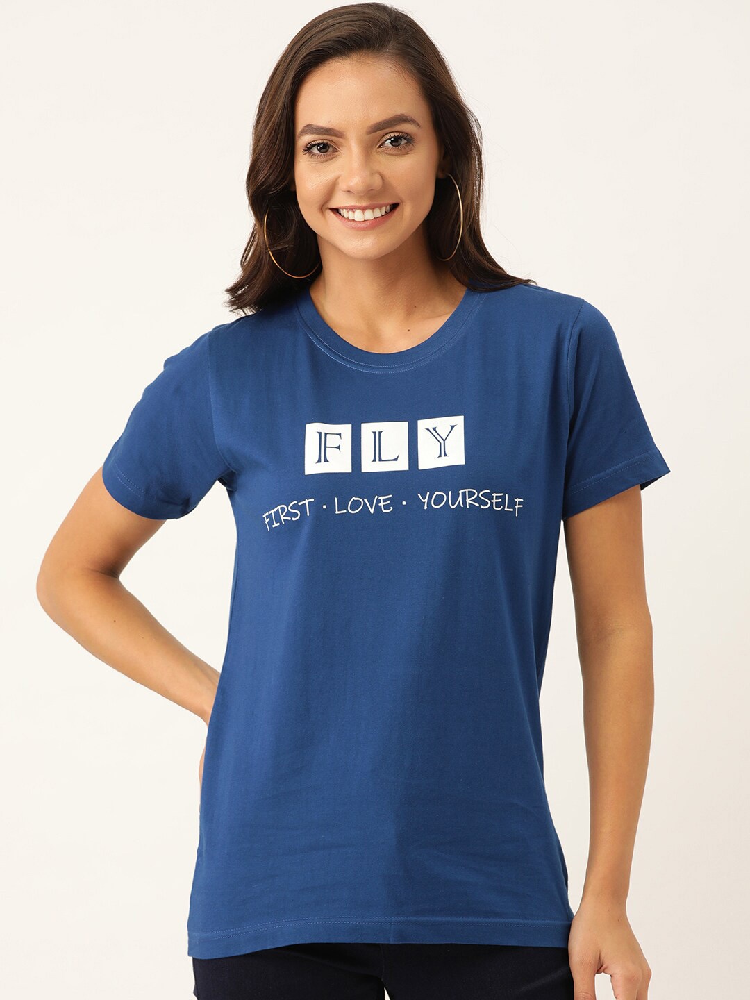 

YOLOCLAN Typography Printed Pure Cotton T-shirt, Blue