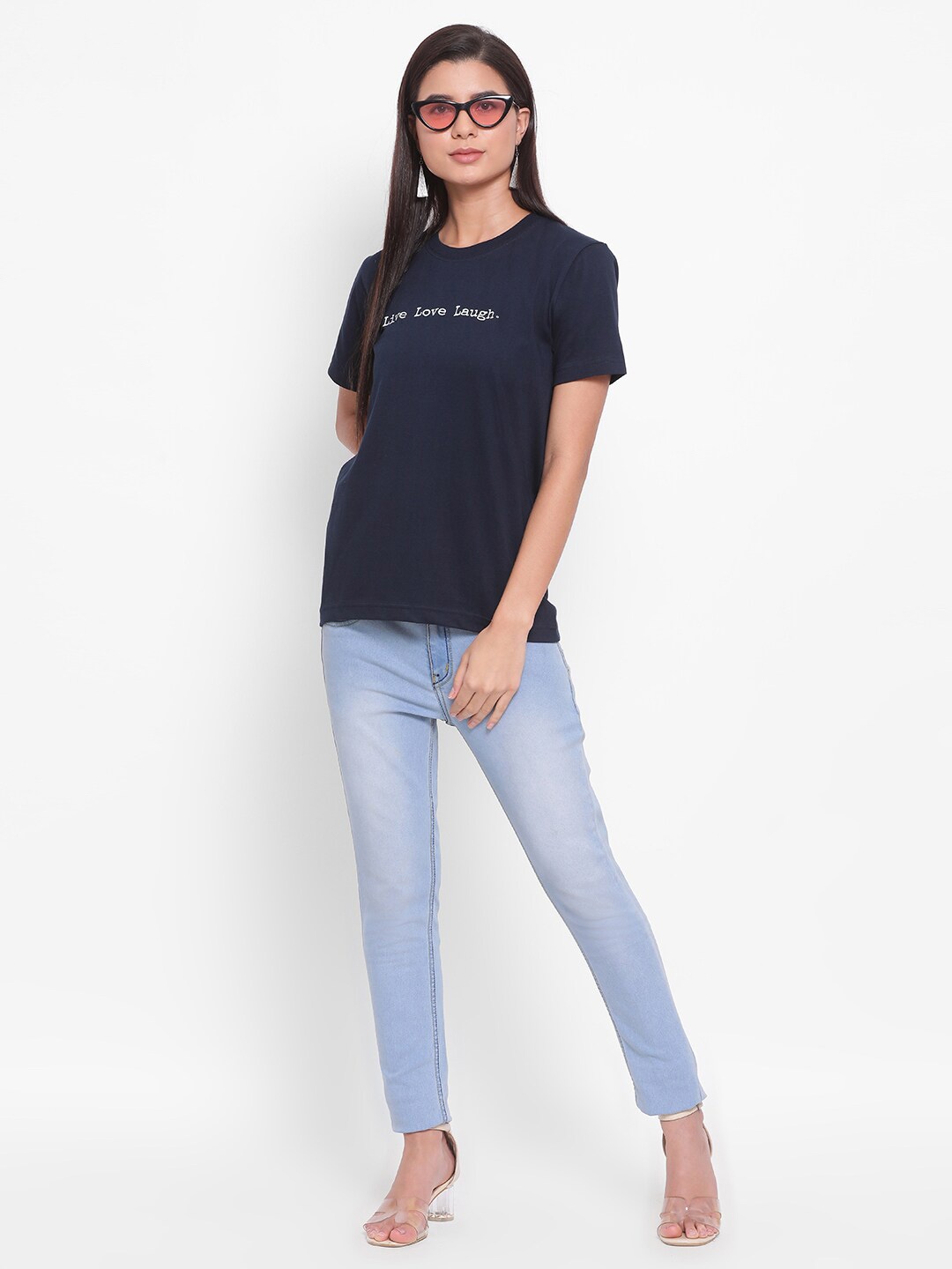 

YOLOCLAN Typography Printed Short Sleeves Pure Cotton T-shirt, Navy blue