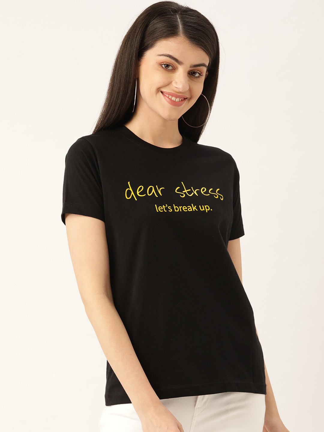 

YOLOCLAN Typography Printed Short Sleeves Pure Cotton T-shirt, Black