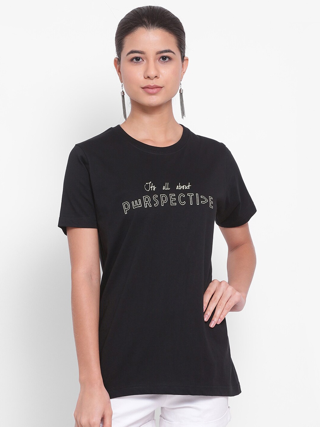 

YOLOCLAN Typography Printed Pure Cotton T-shirt, Black